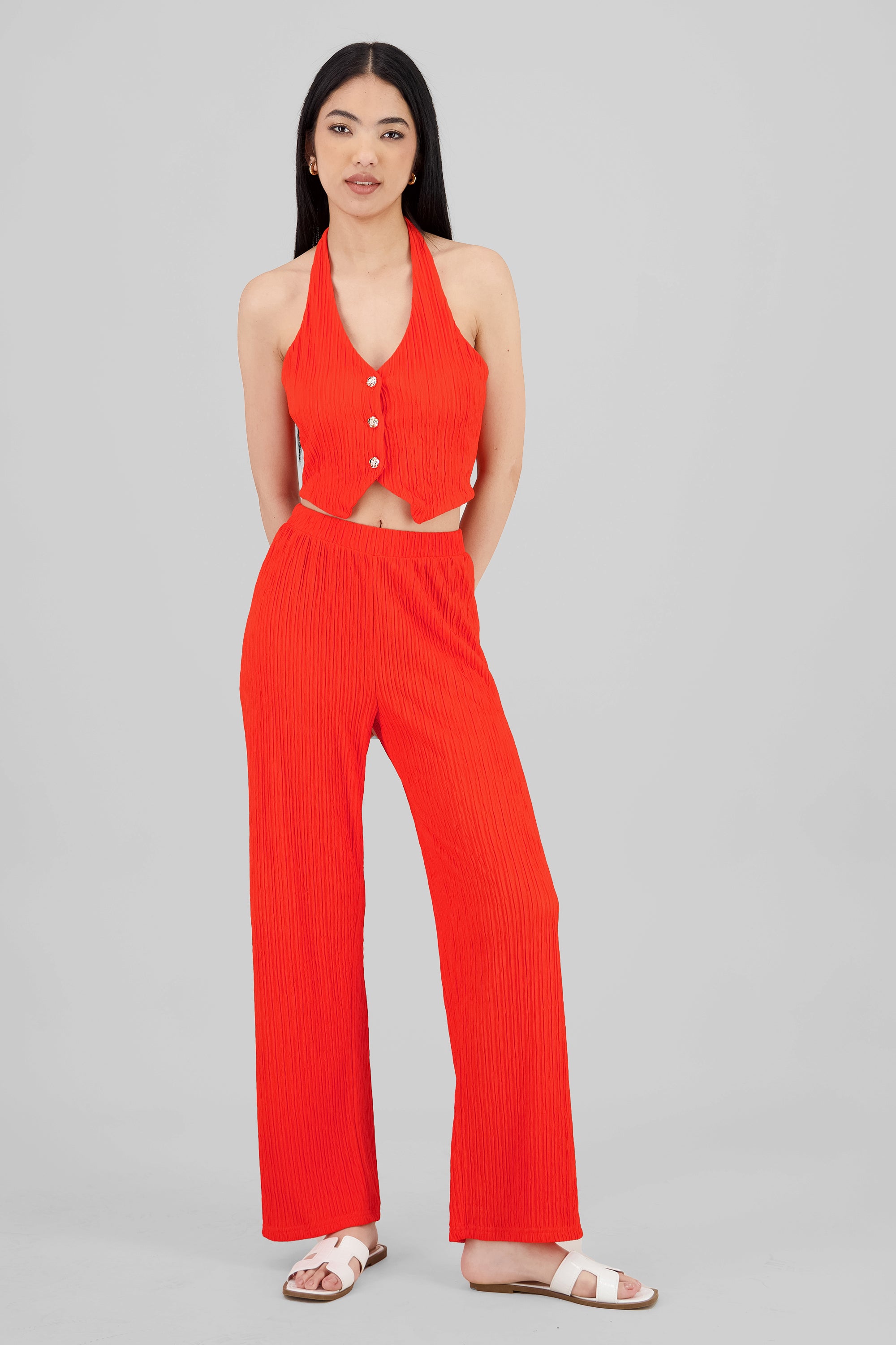 Pantalon recto textura ROJO TOMATE