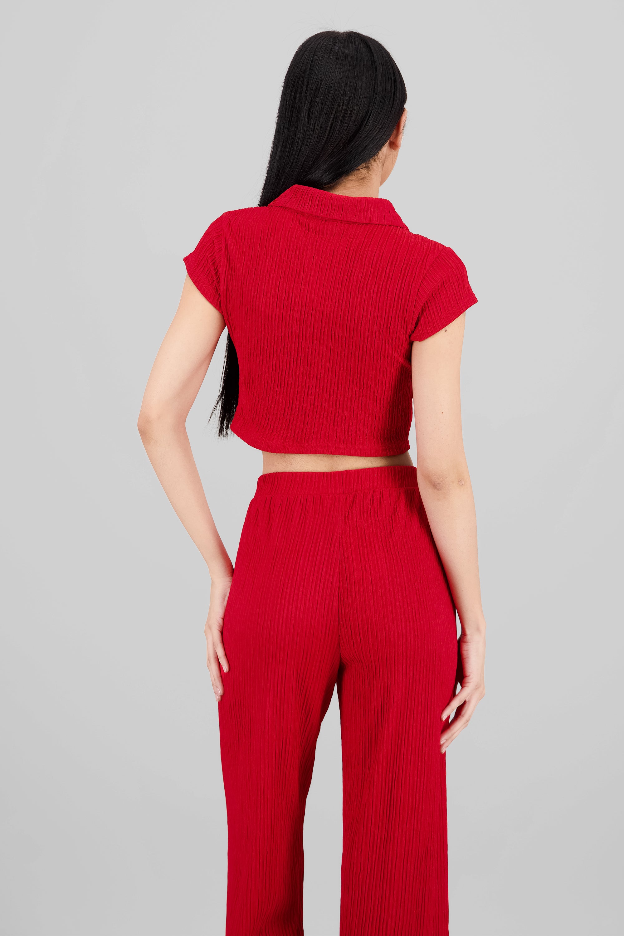 Blusa manga corta cierre cuello textura ROJO AMAPOLA