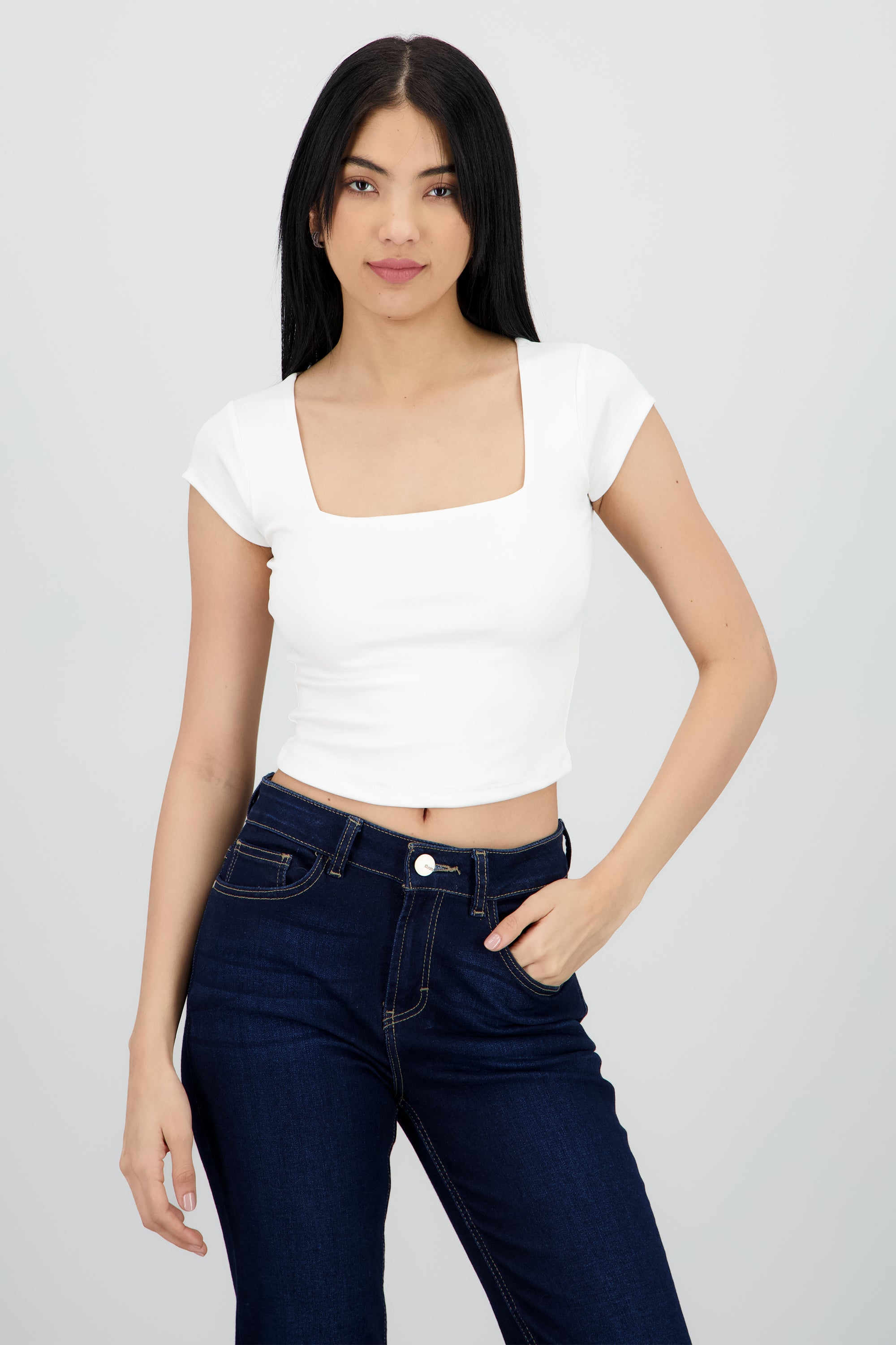 Top liso escote cuadrado manga corta BLANCO