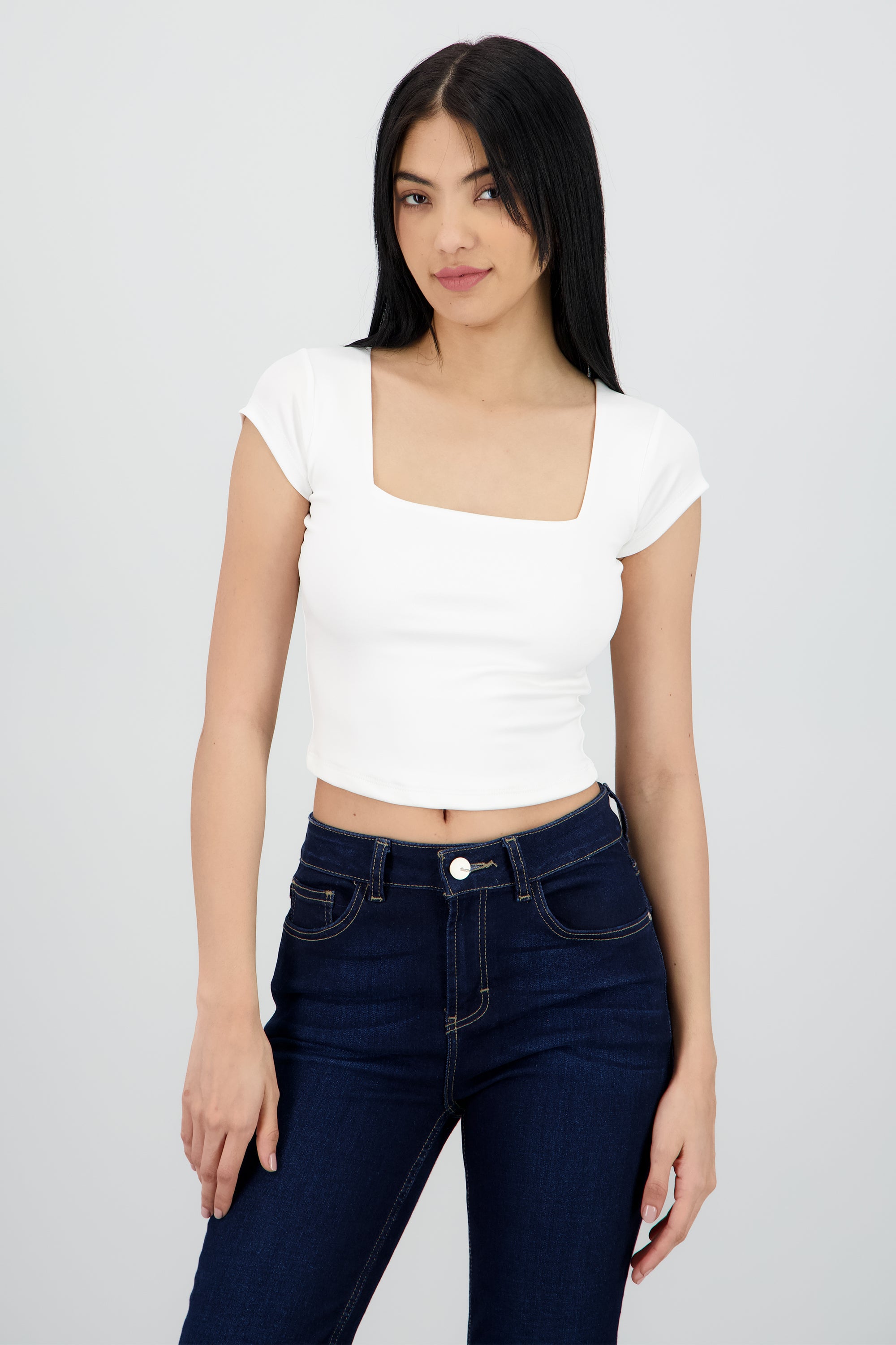 Top liso escote cuadrado manga corta BLANCO