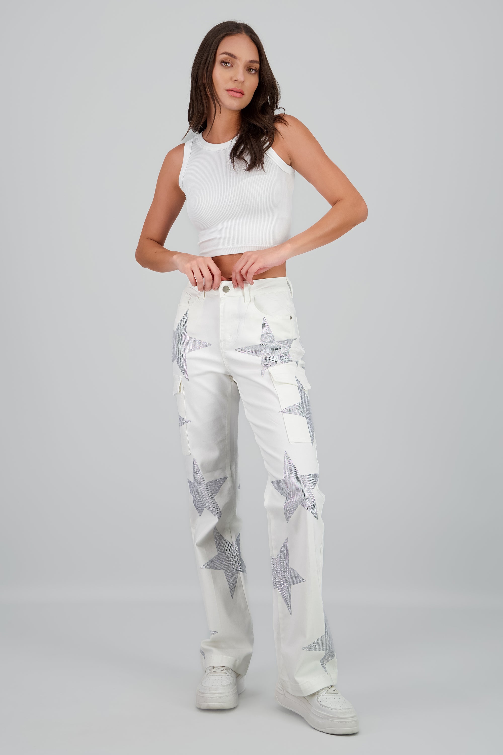Jeans wide leg estrellas cargo BLANCO