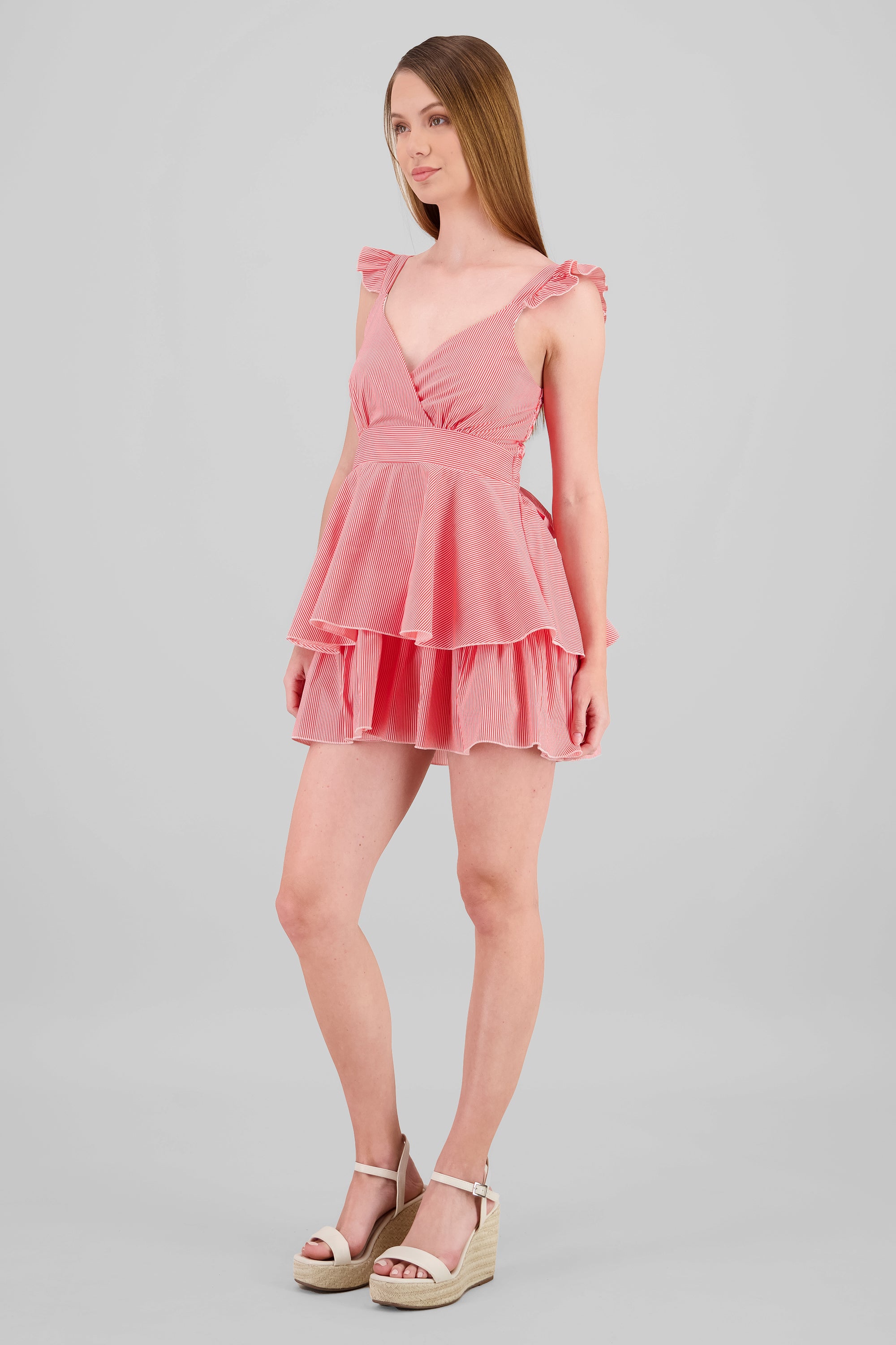 Vestido rayas tirantes detalle olanes ROJO AMAPOLA