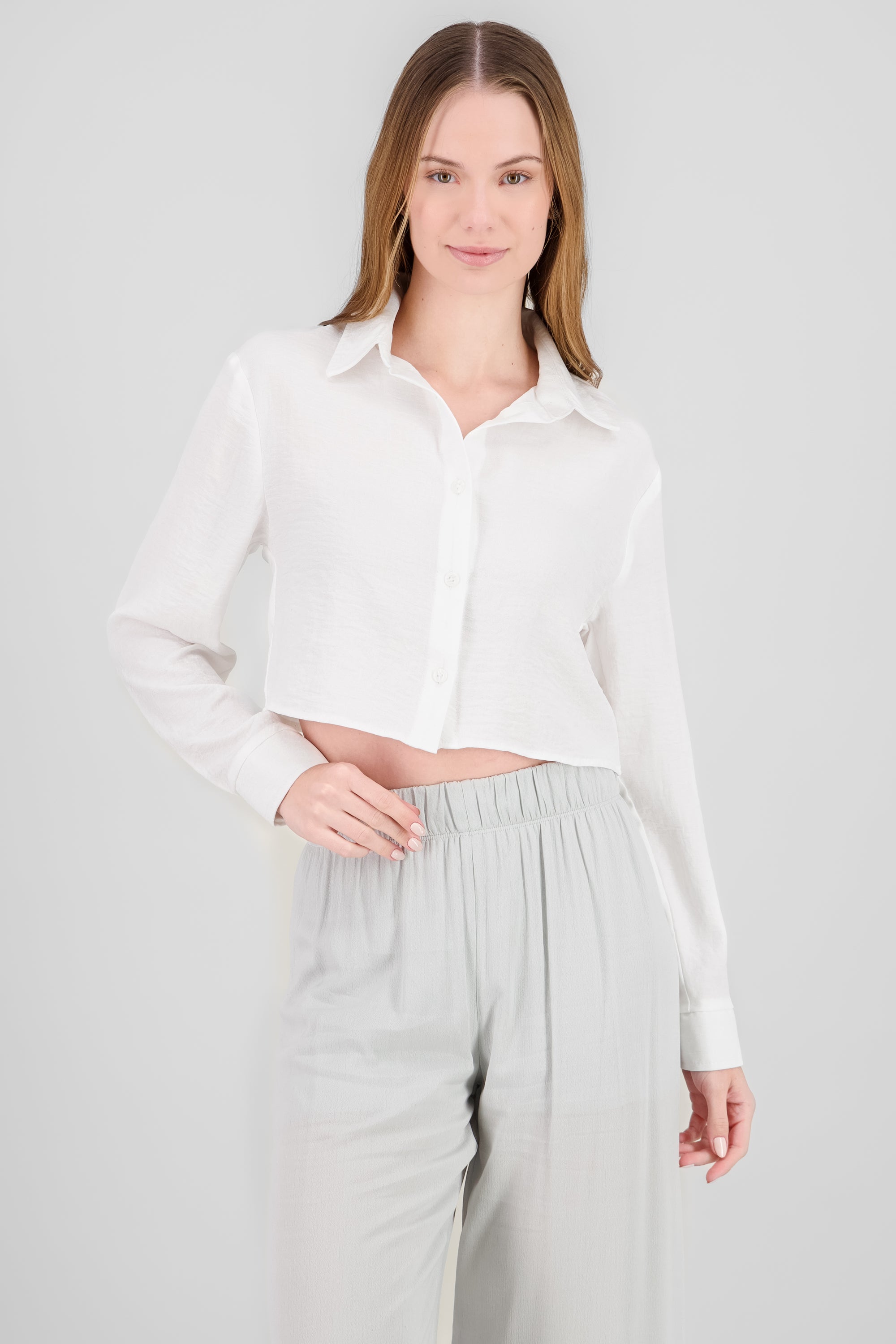 Camisa manga larga crop lisa BLANCO