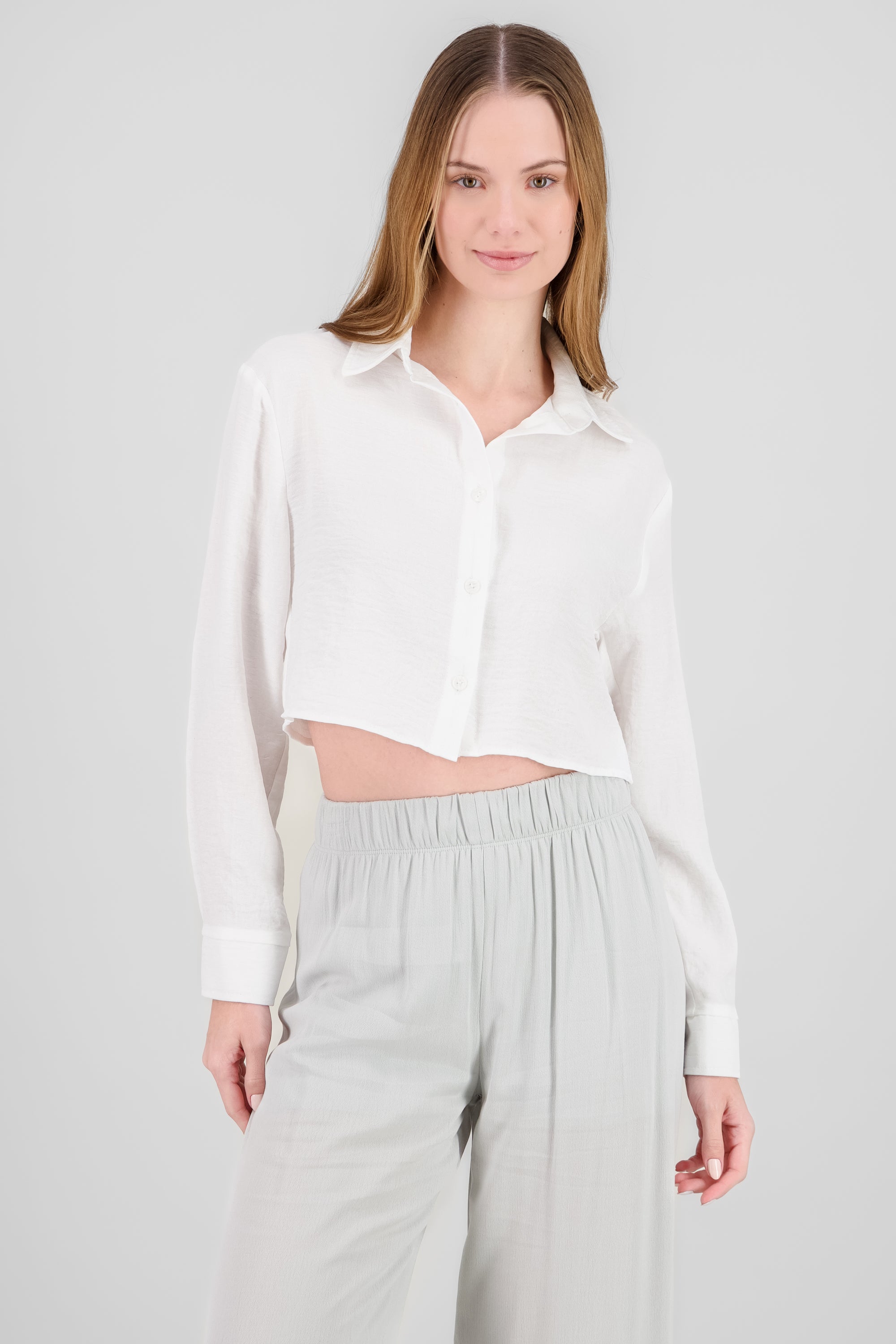 Camisa manga larga crop lisa BLANCO