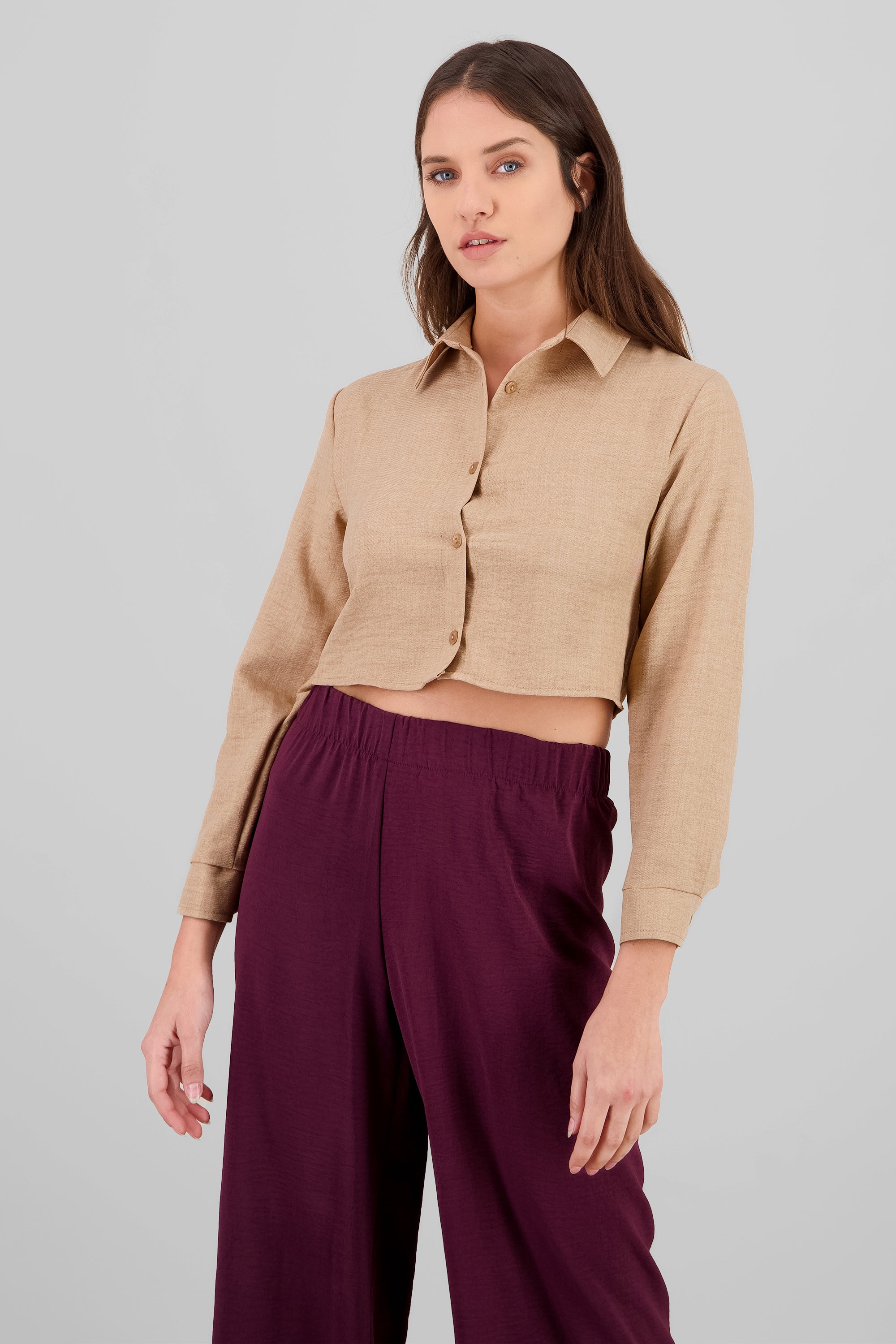 Camisa manga larga crop lisa KHAKI