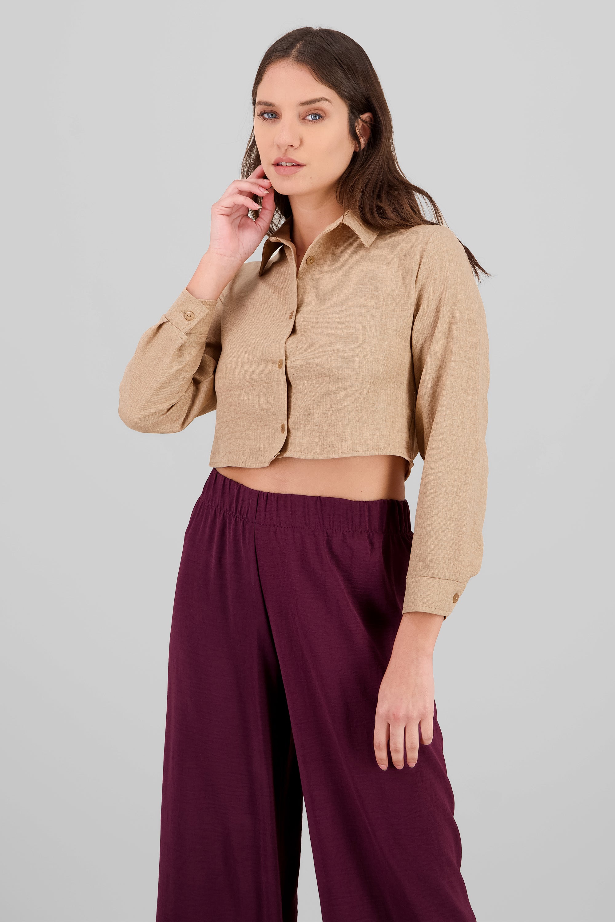 Camisa manga larga crop lisa KHAKI