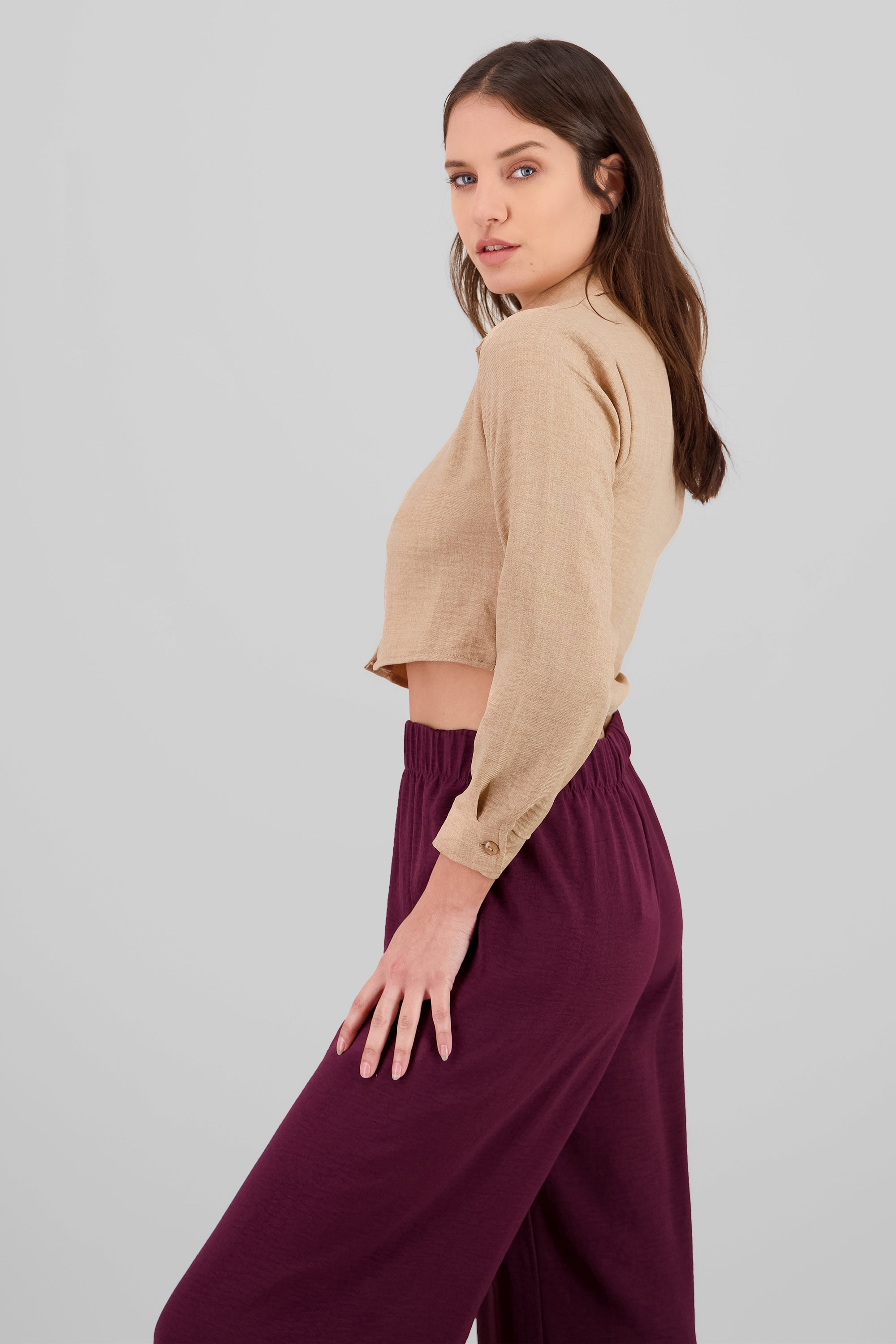 Camisa manga larga crop lisa KHAKI