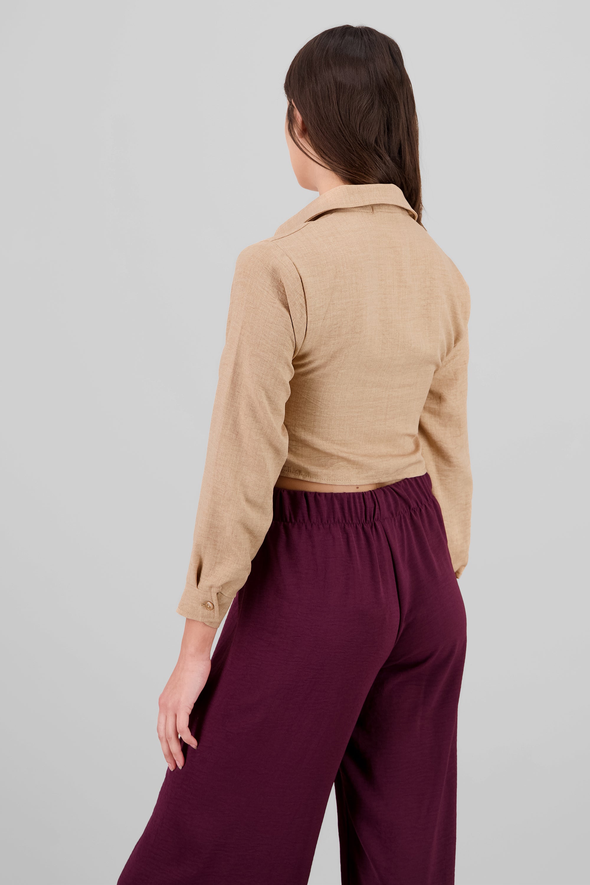 Camisa manga larga crop lisa KHAKI