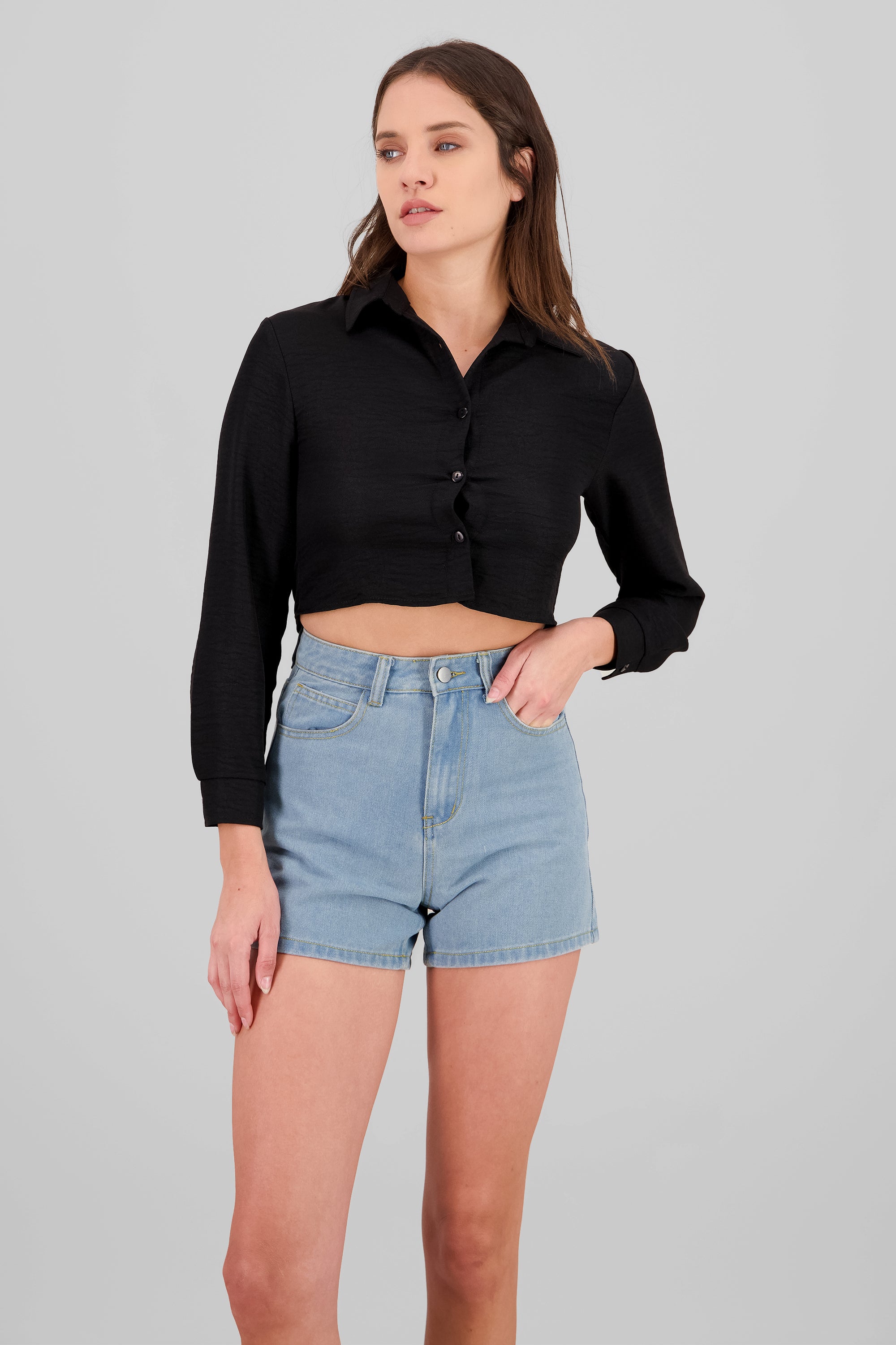 Camisa manga larga crop lisa NEGRO