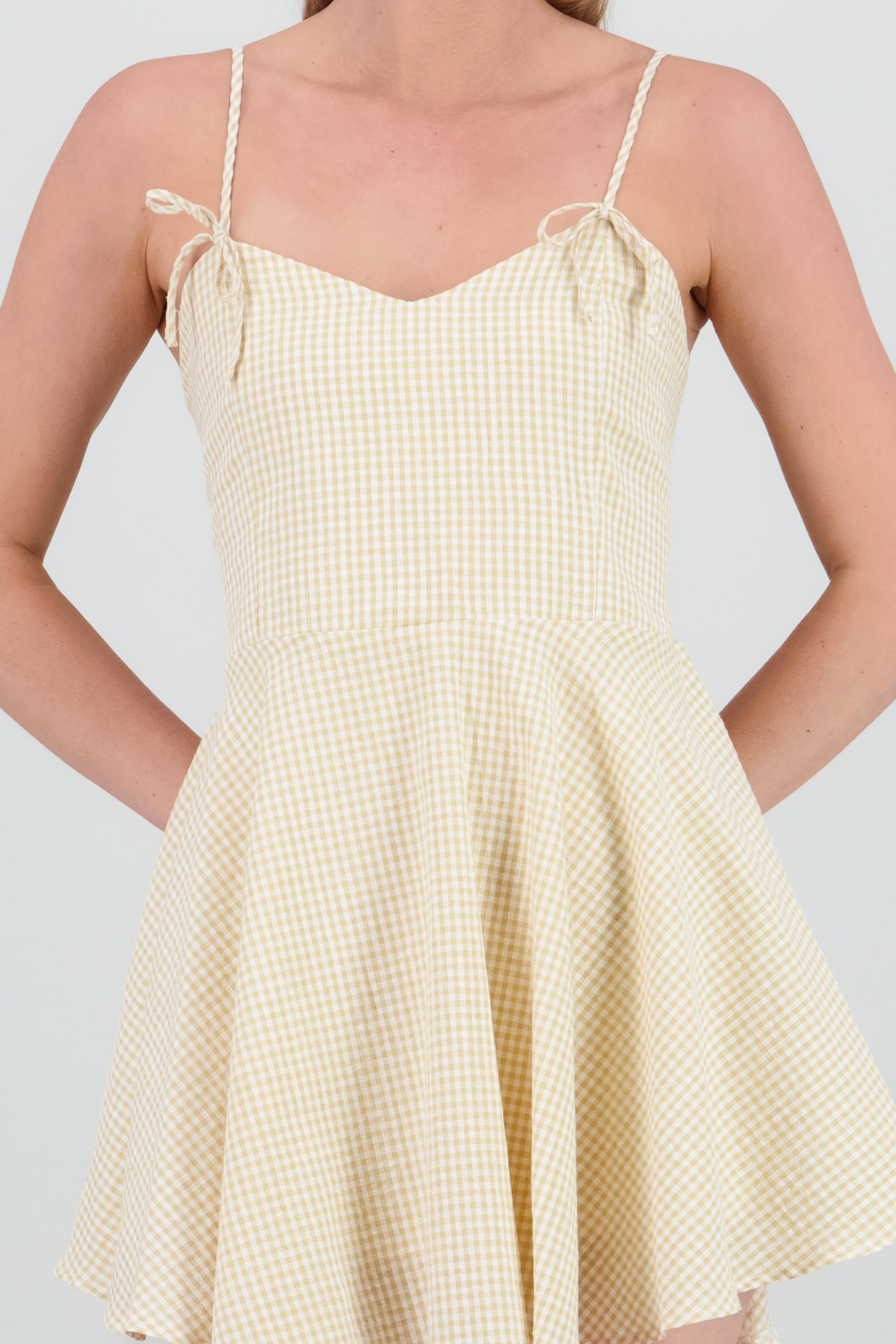 Vestido mini estampado cuadros con moños Hypsters HUESO COMBO