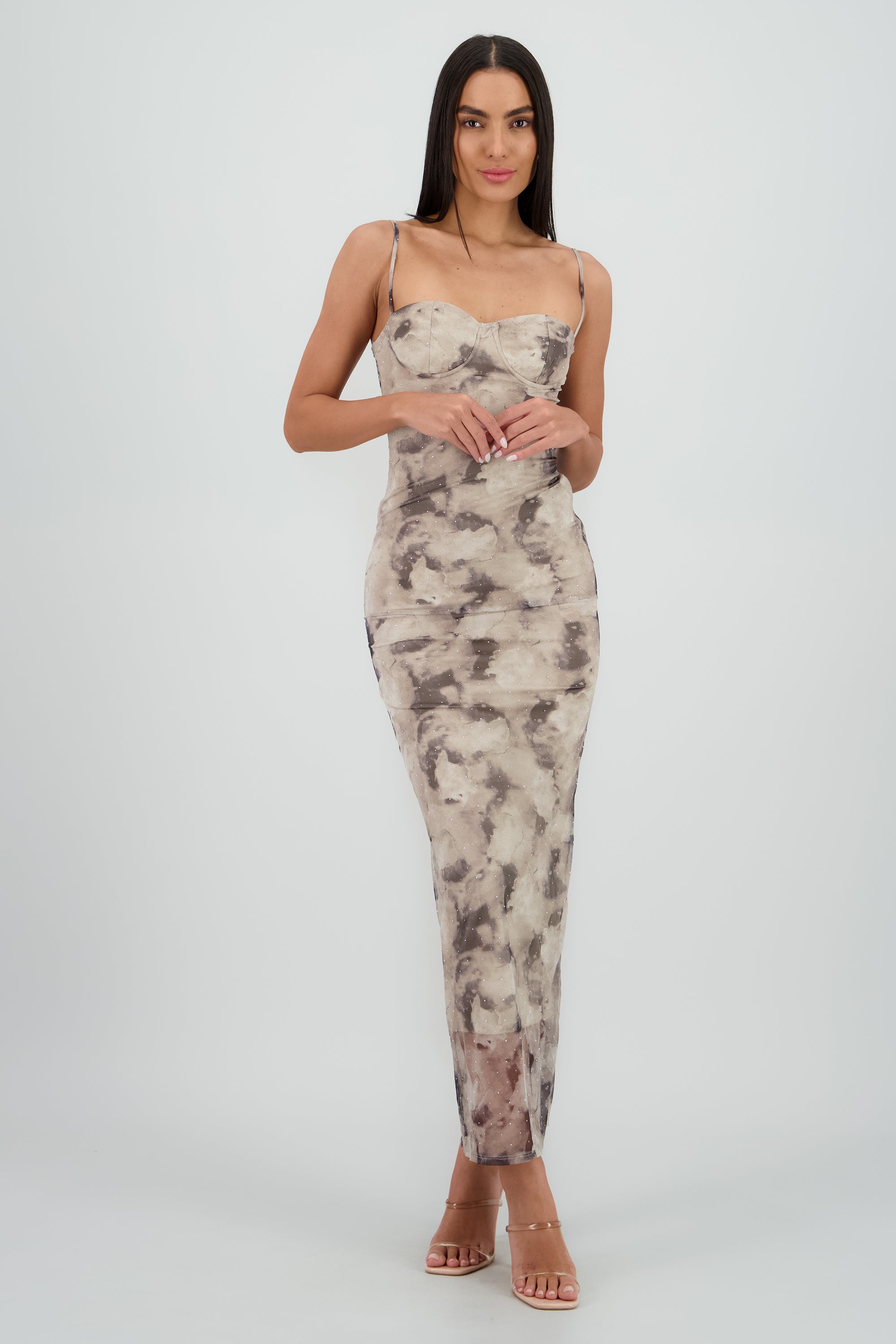 Vestido maxi detalle brillo GRIS COMBO