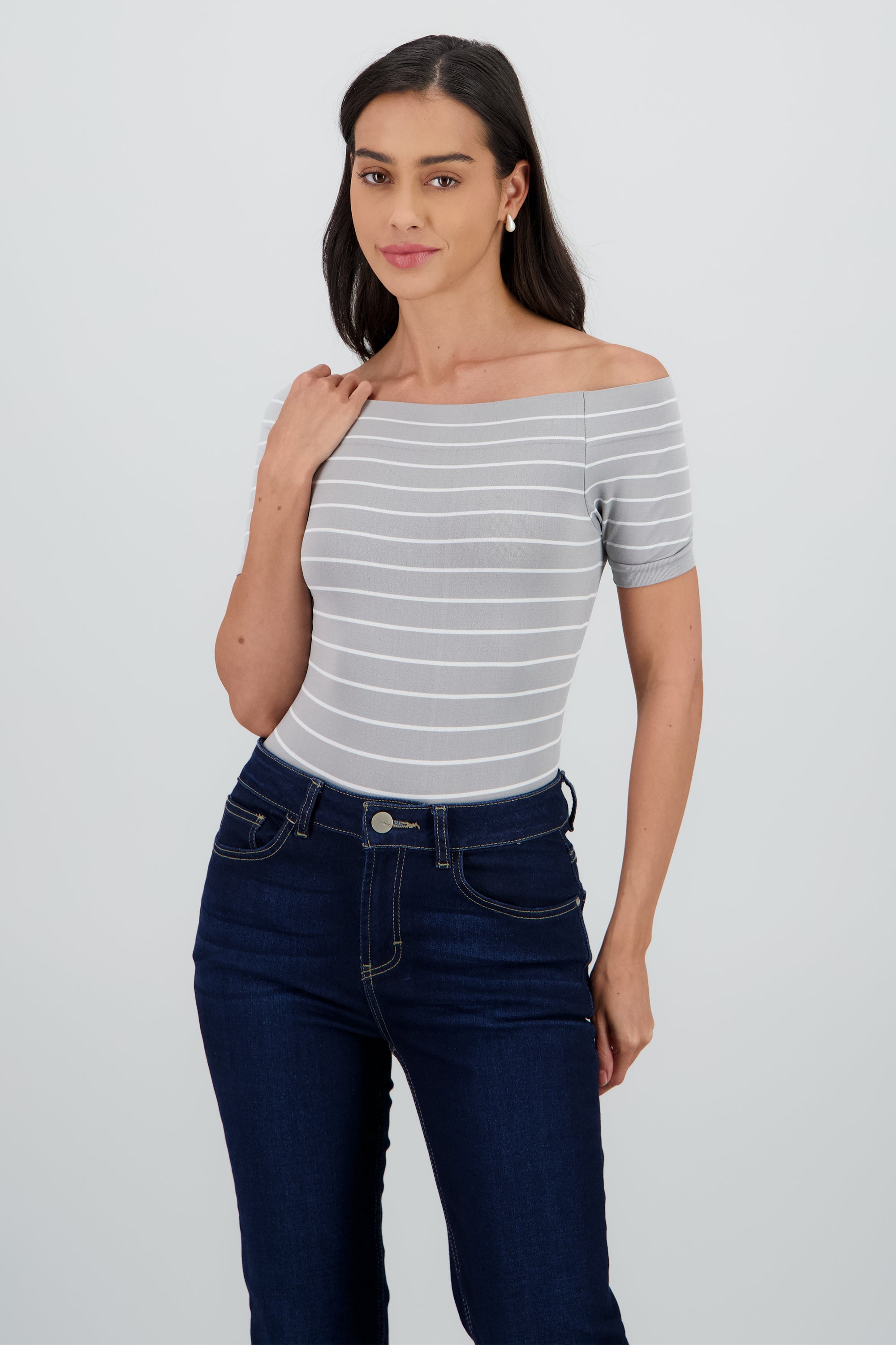Bodysuit rayas hombro descubierto GRIS CLARO