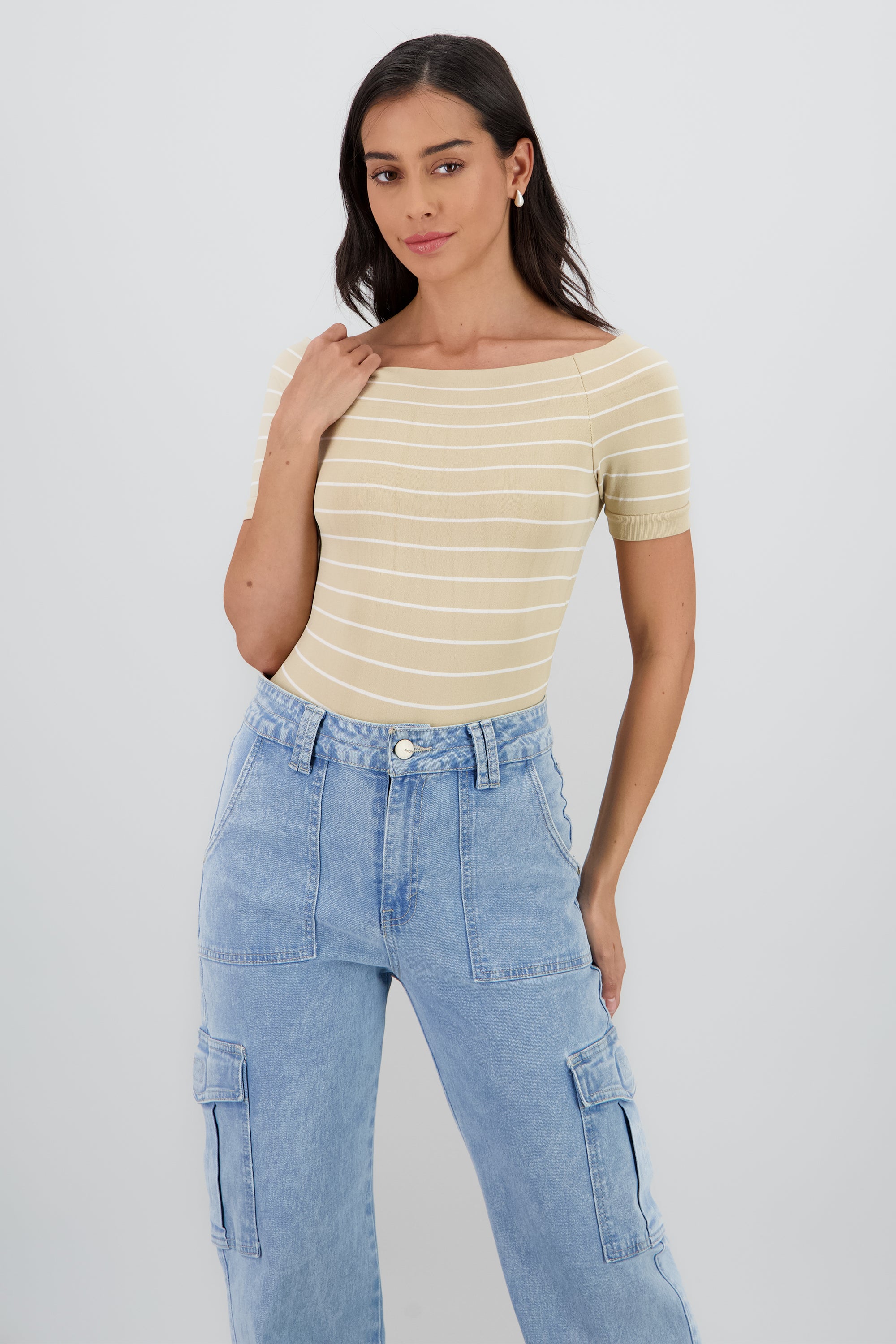 Bodysuit rayas hombro descubierto KHAKI COMBO