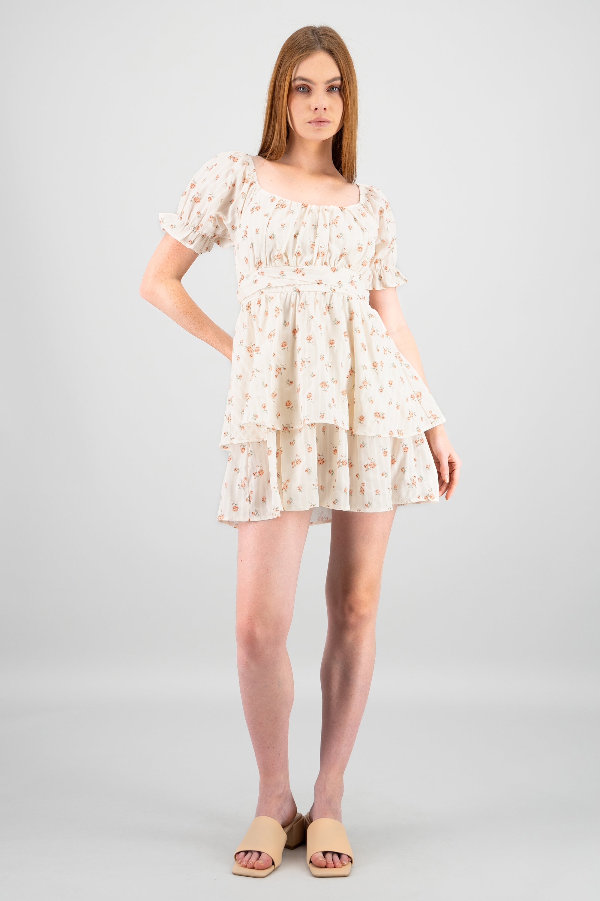 Vestido manga abullonada doble olan flores ROJO COMBO