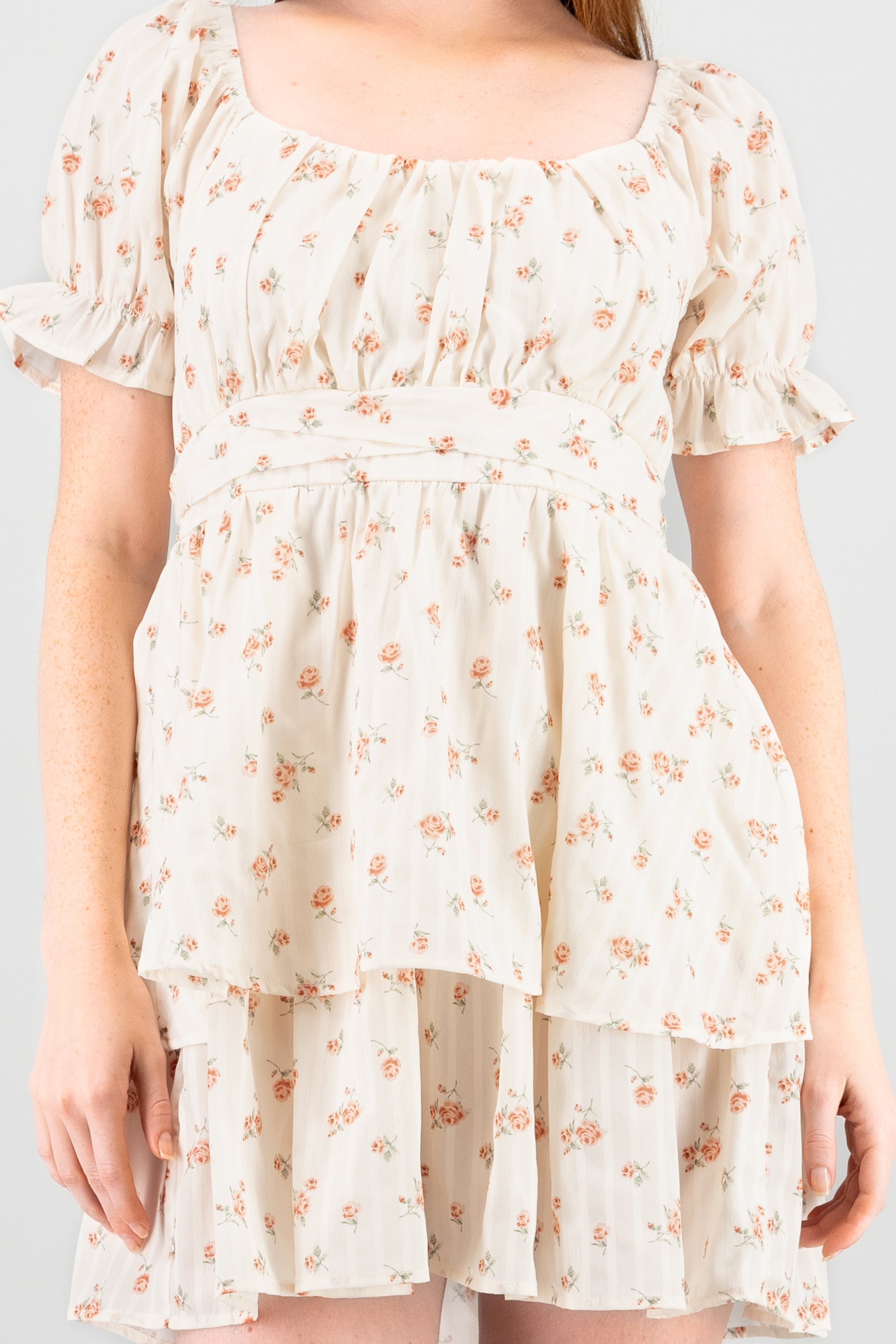Vestido manga abullonada doble olan flores ROJO COMBO