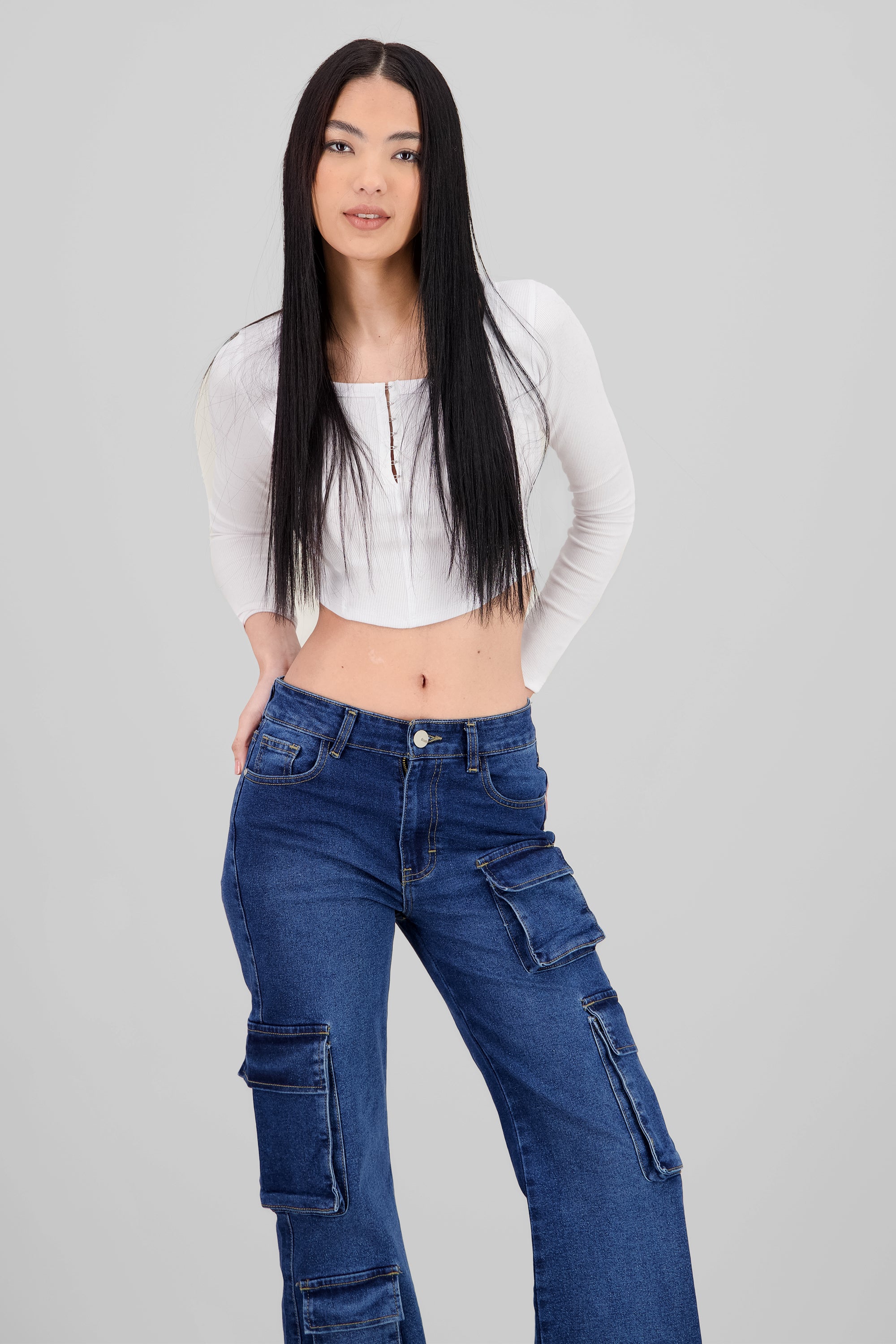 Top manga larga escote cuadrado con broches BLANCO