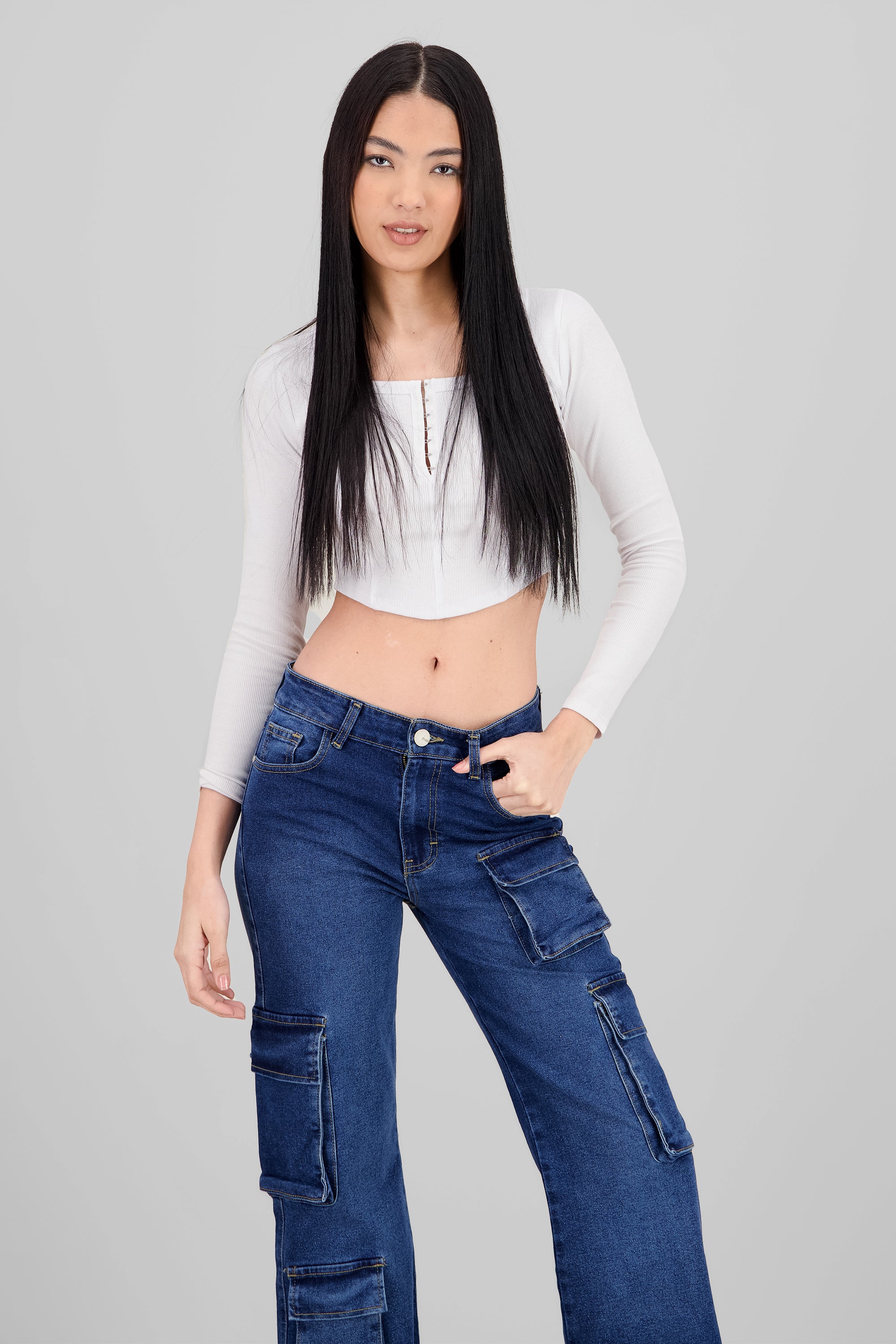 Top manga larga escote cuadrado con broches BLANCO