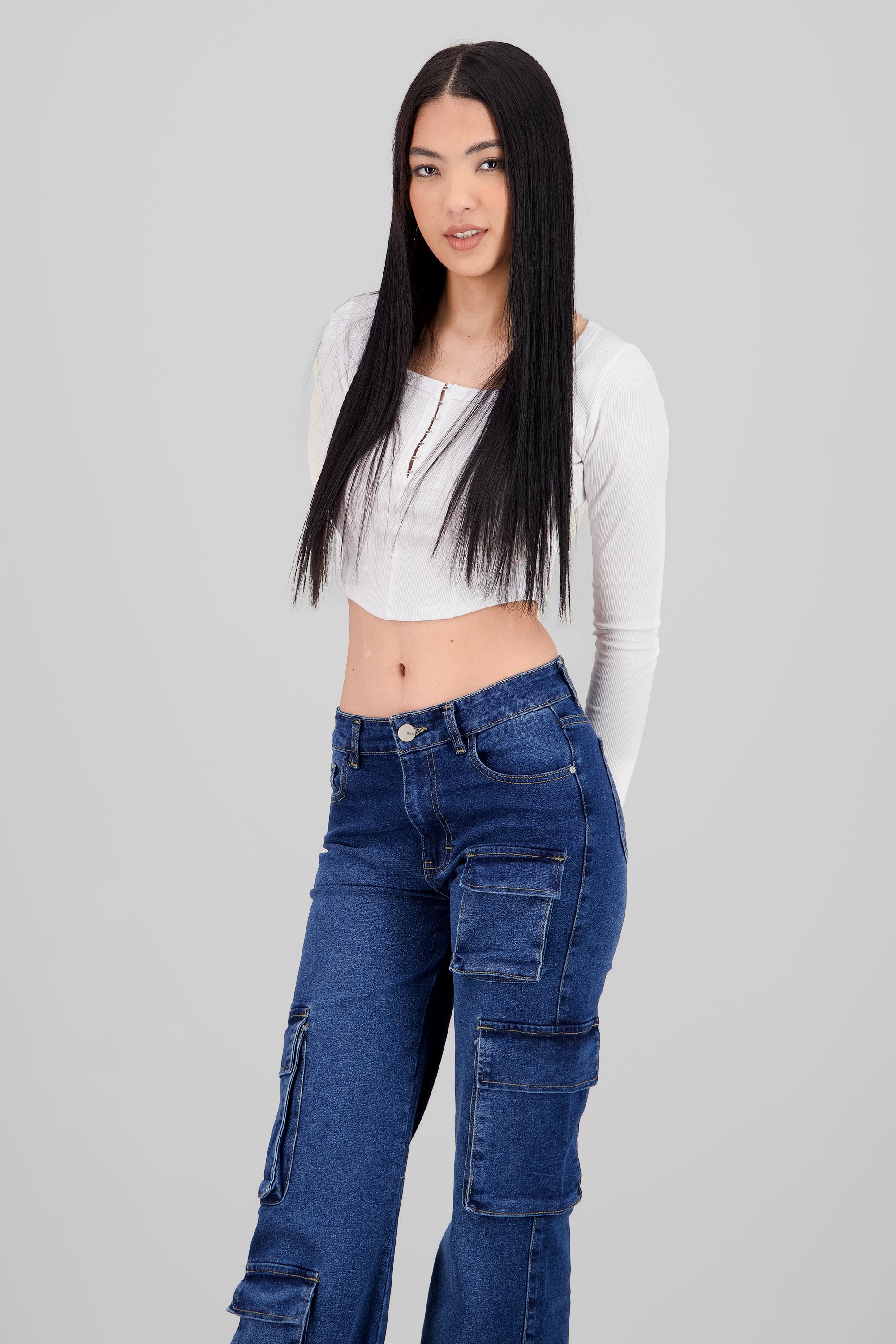 Top manga larga escote cuadrado con broches BLANCO