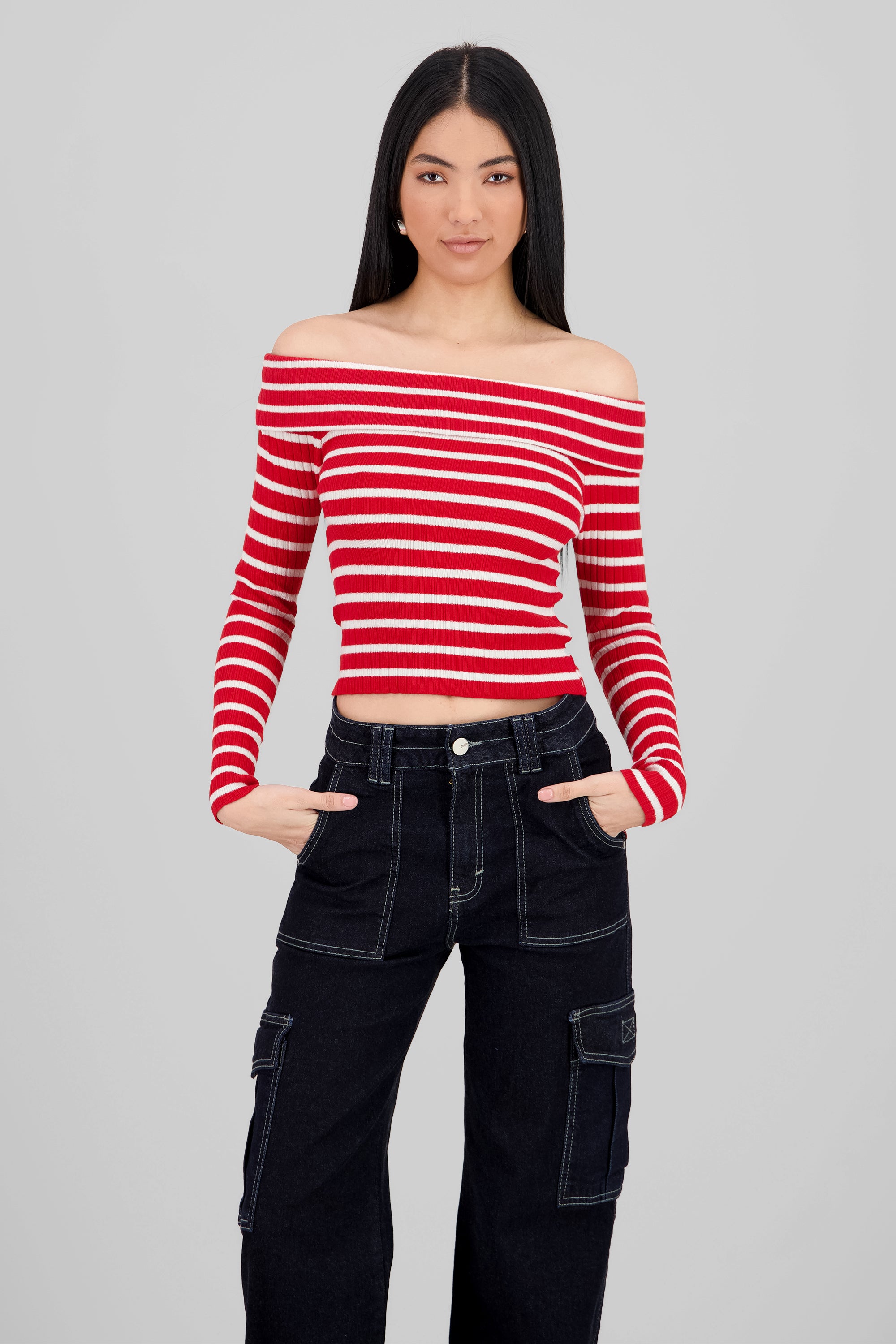 Top rayas off shoulder manga rayas ROJO COMBO