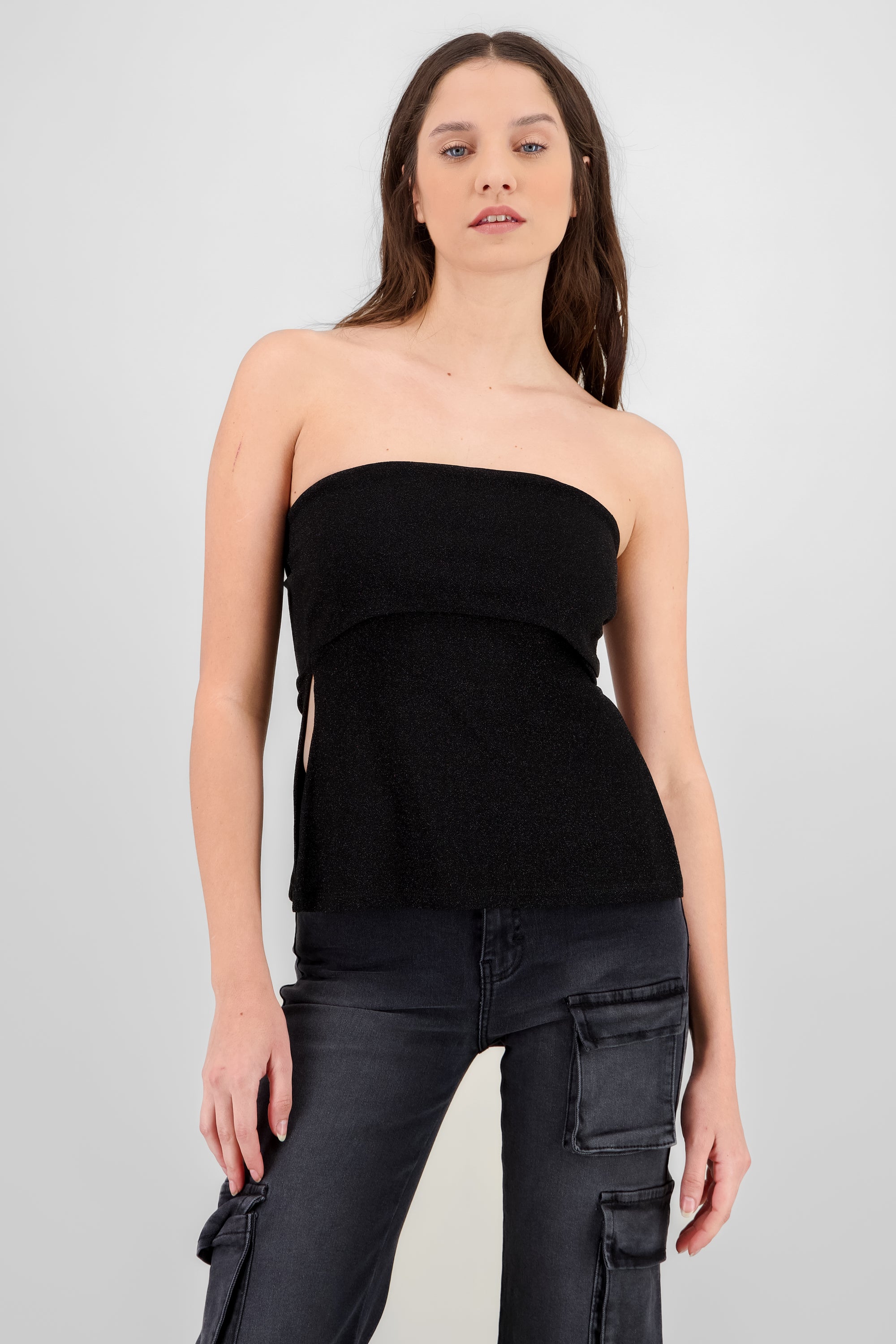 Top manga larga off shoulder brillos NEGRO