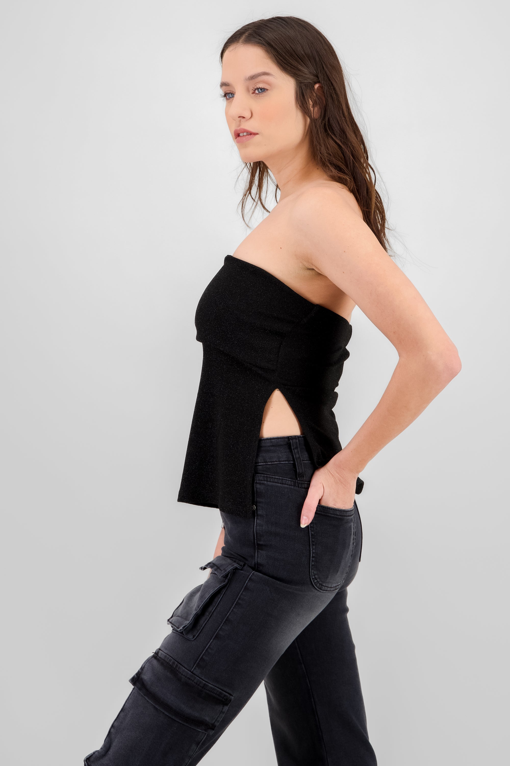 Top manga larga off shoulder brillos NEGRO