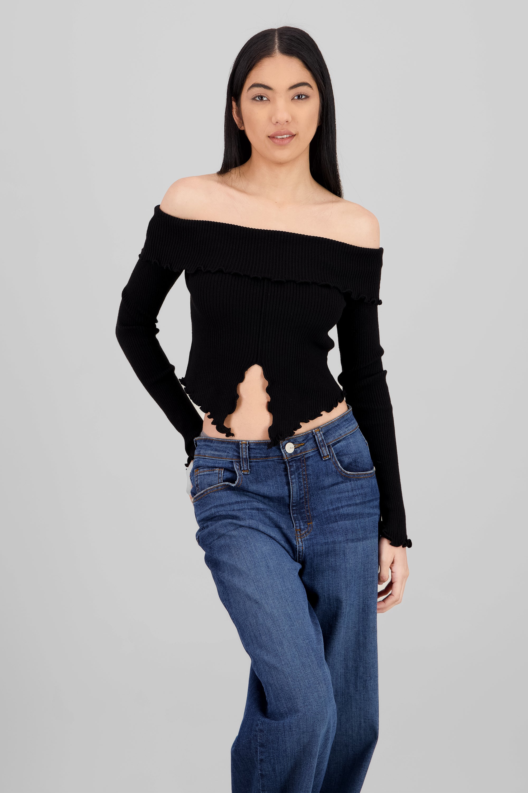 Top off shoulder plisado NEGRO