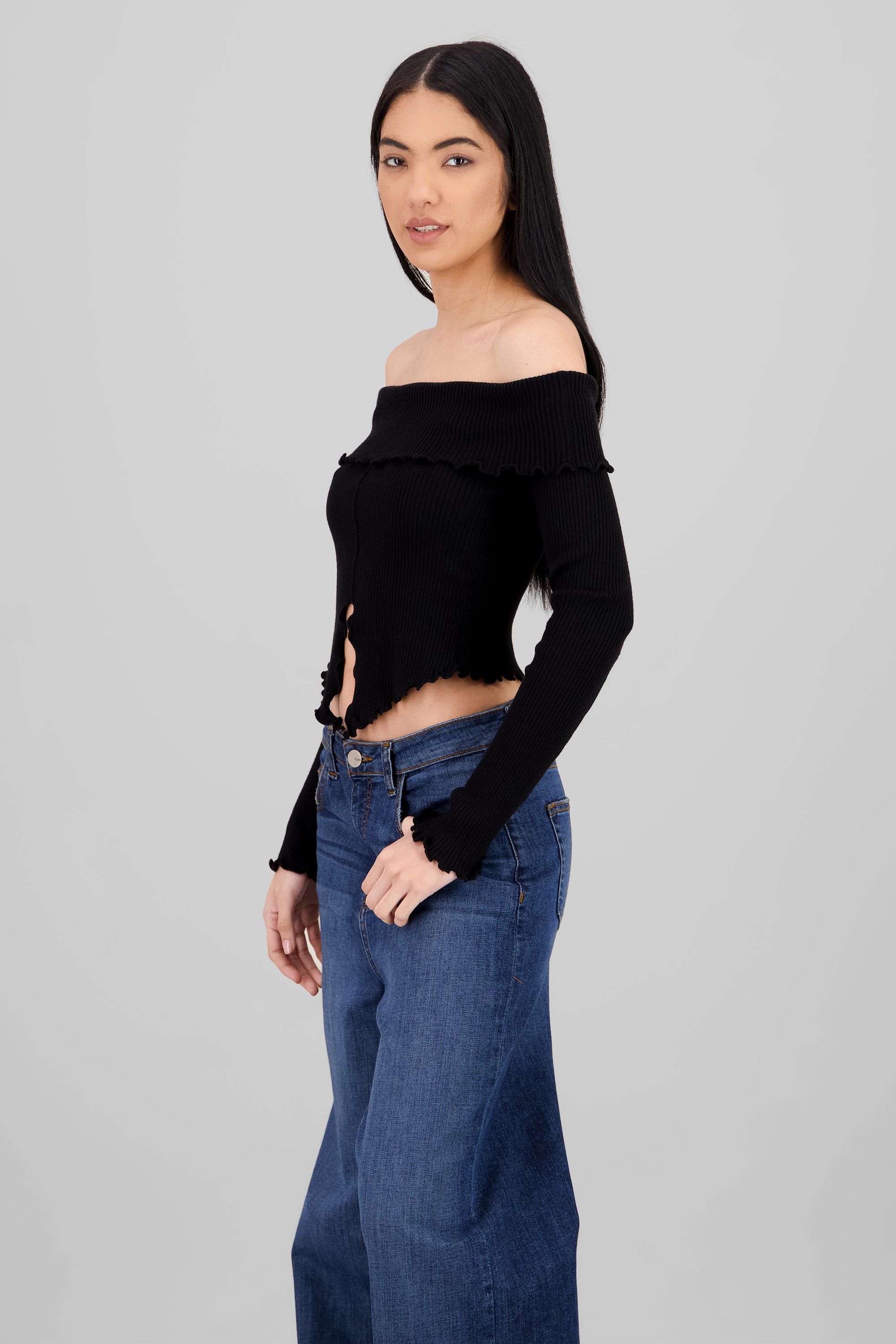 Top off shoulder plisado NEGRO