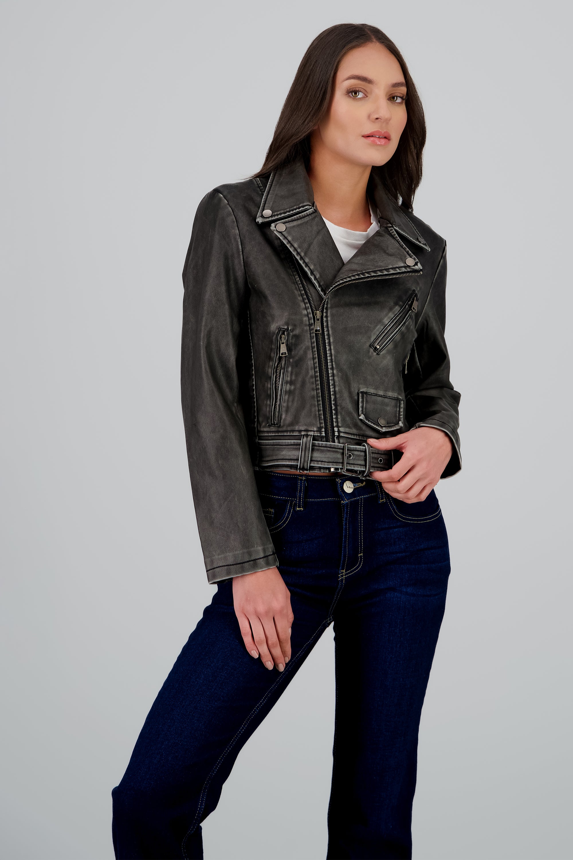 Chamarra biker detalle desgaste NEGRO