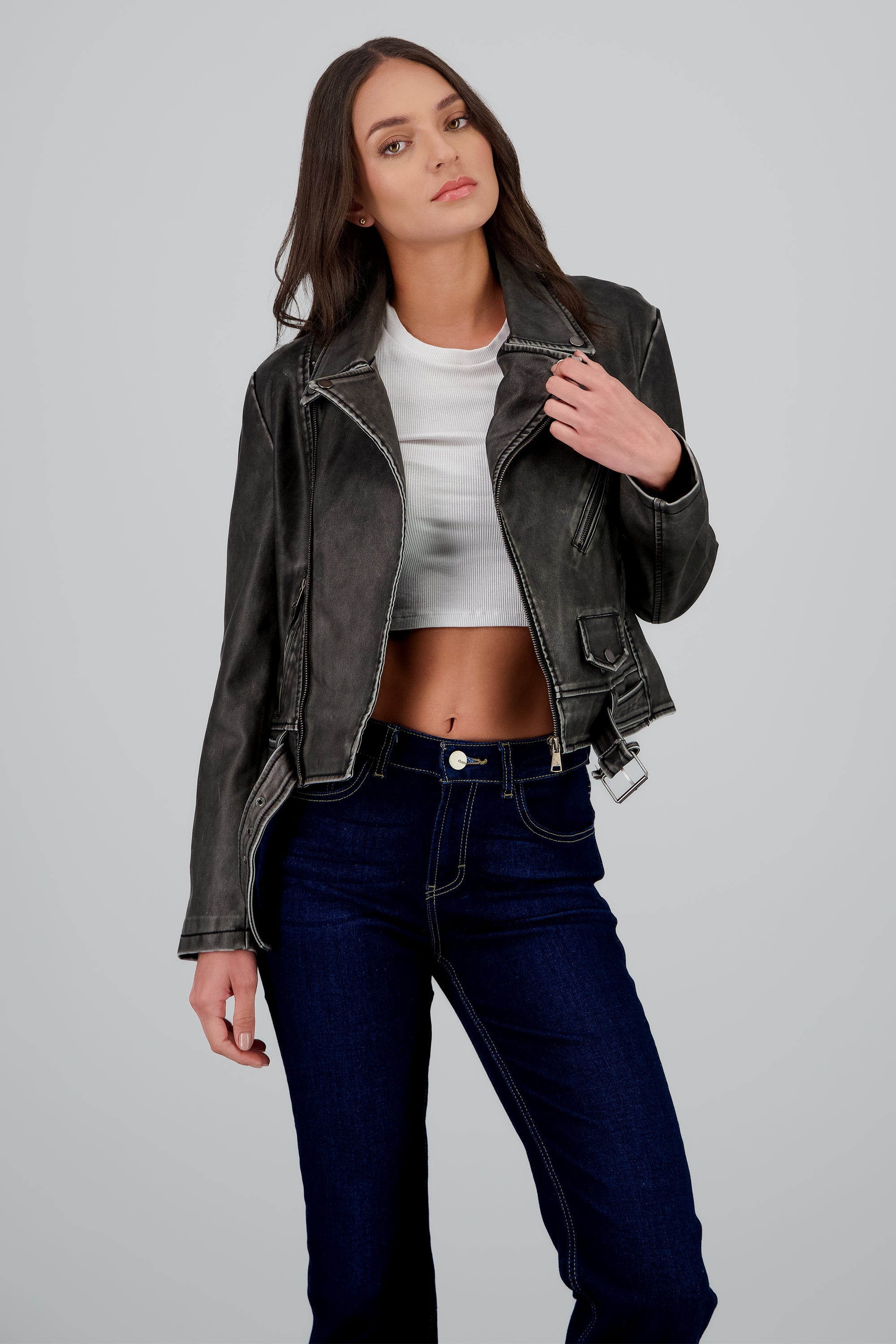 Chamarra biker detalle desgaste NEGRO