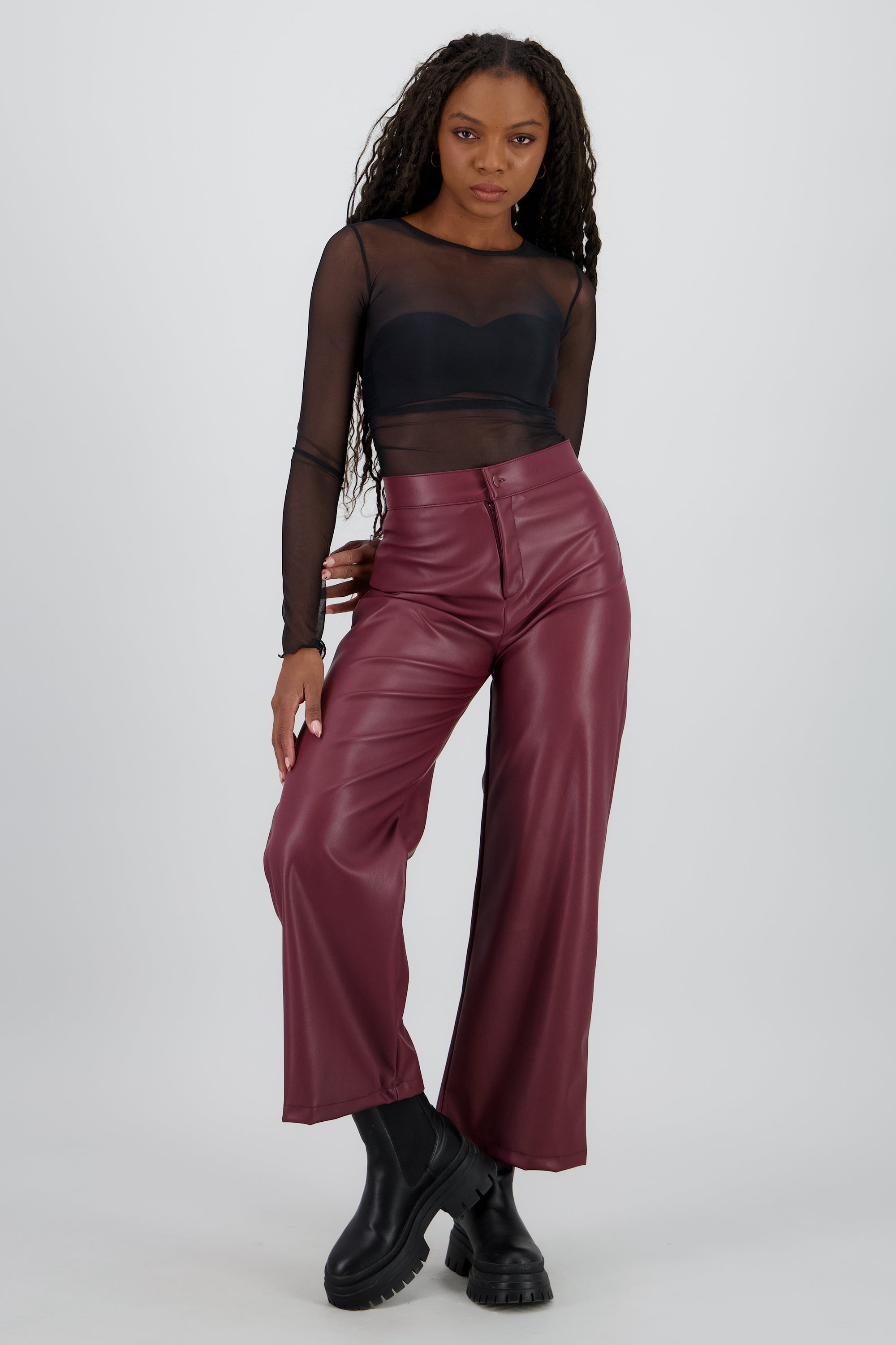Pantalon pu recto pretina CIRUELA