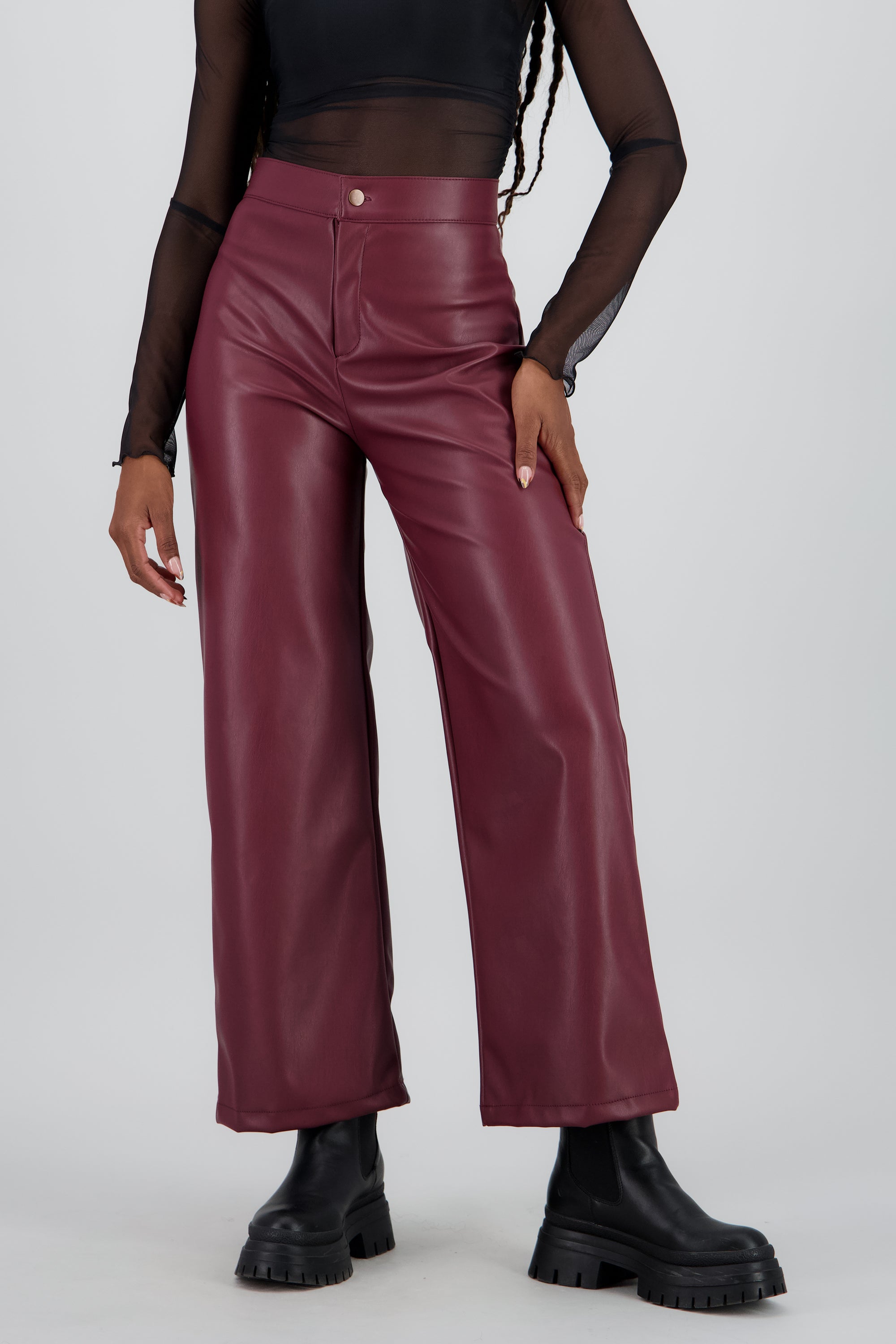 Pantalon pu recto pretina CIRUELA