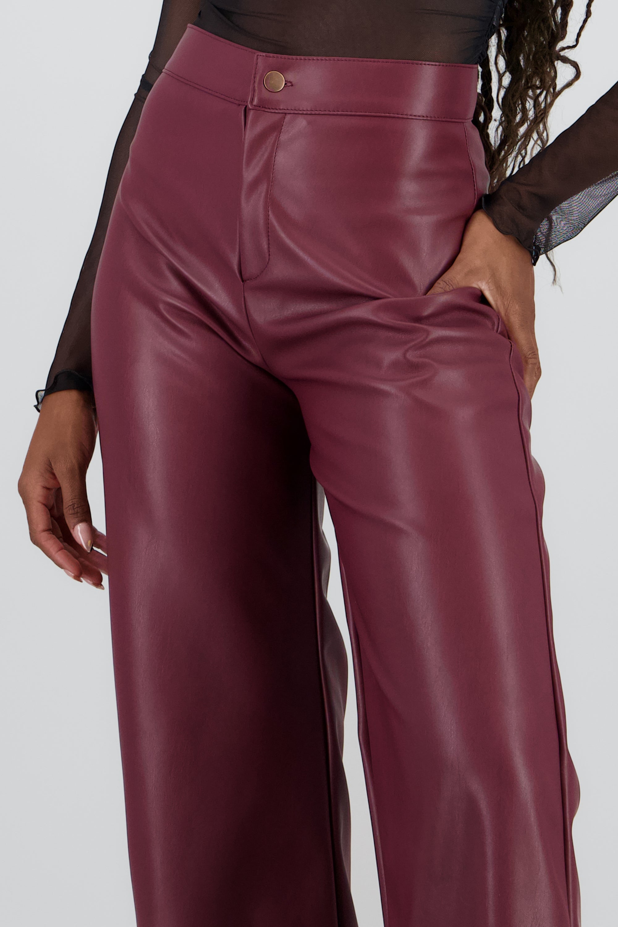 Pantalon pu recto pretina CIRUELA