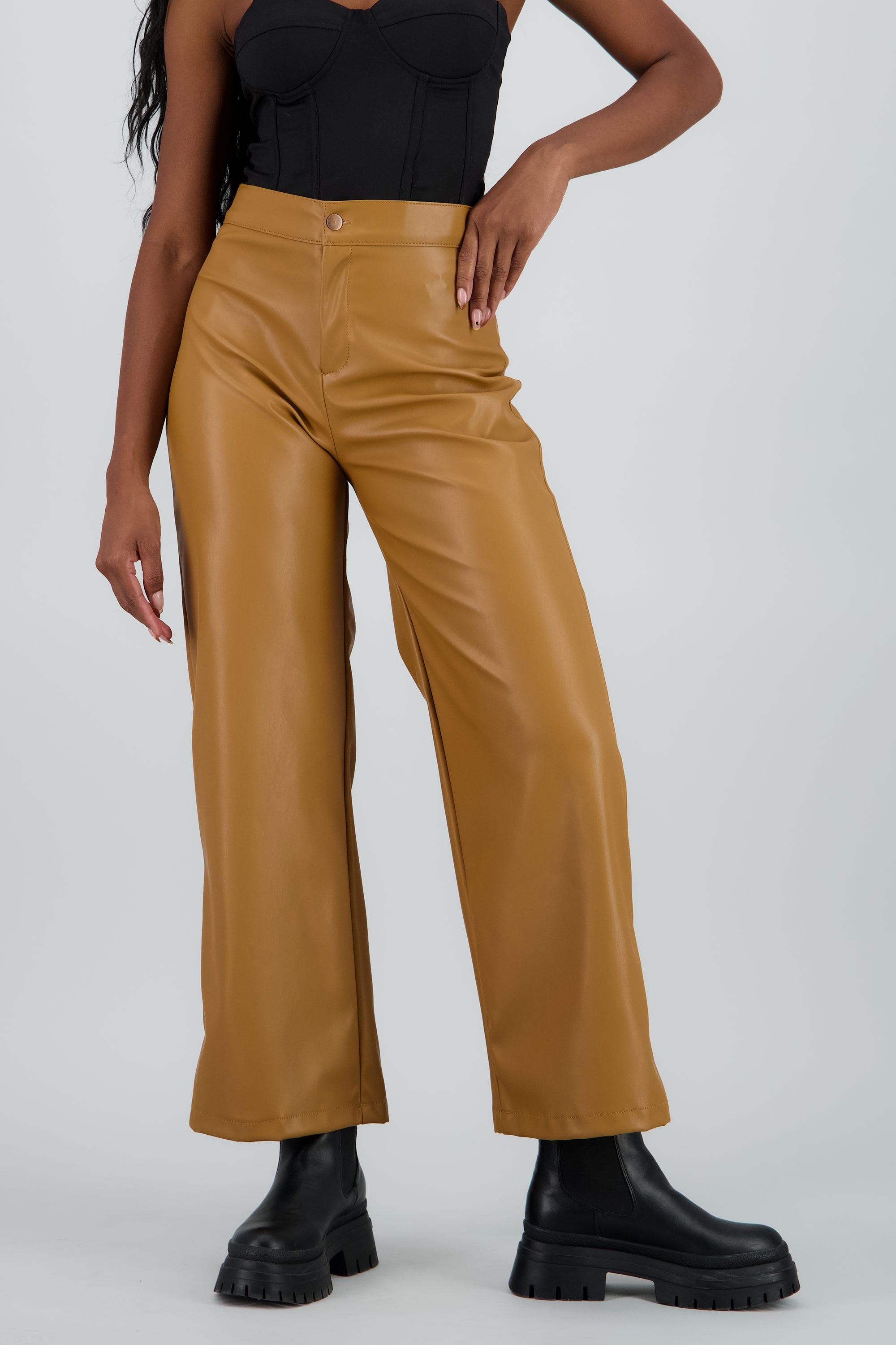 Pantalon pu recto pretina CAMELLO