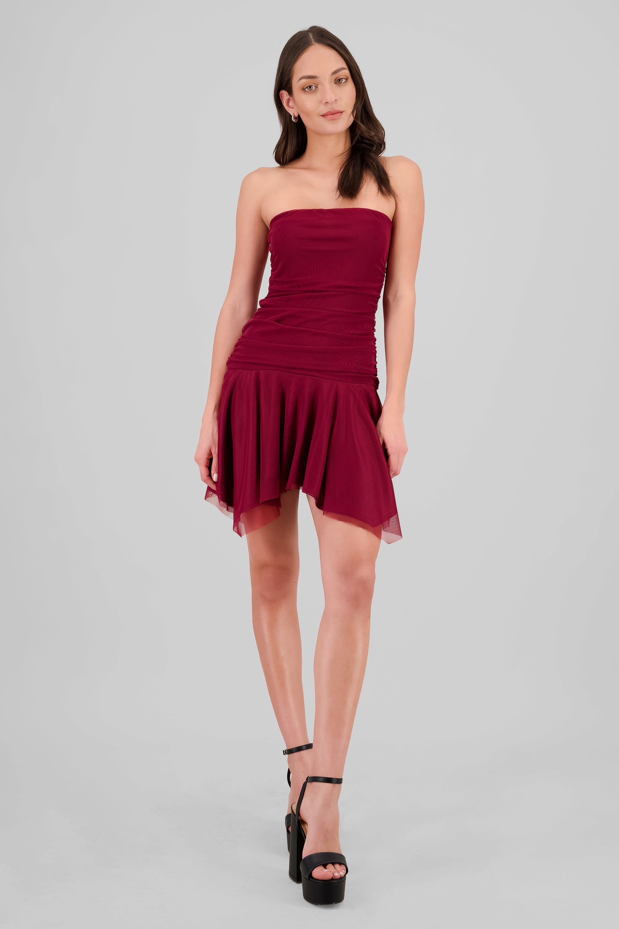 Vestido mini asimetrico de mesh CIRUELA