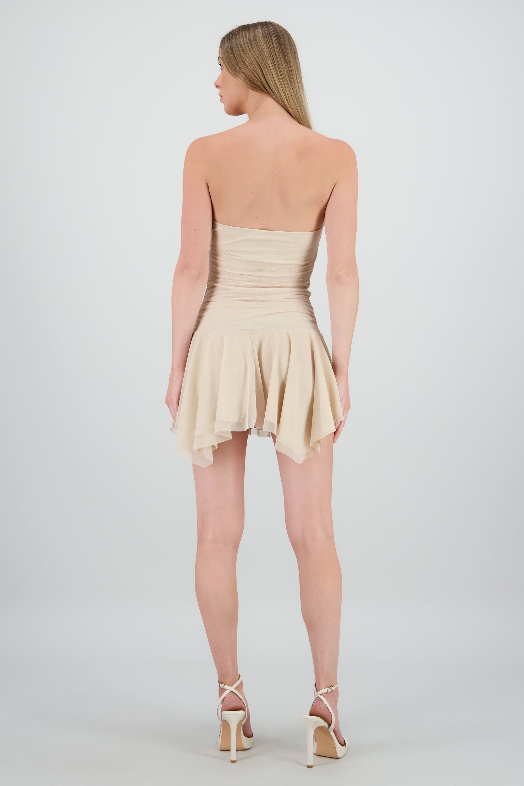 Vestido mini asimetrico de mesh TAUPE
