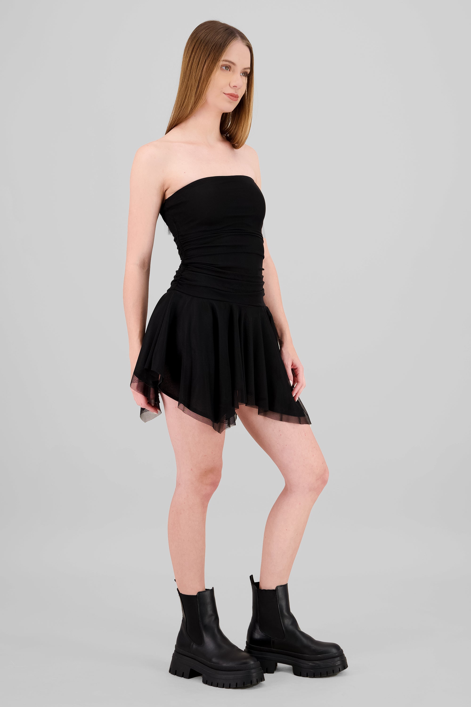 Vestido mini asimetrico de mesh NEGRO