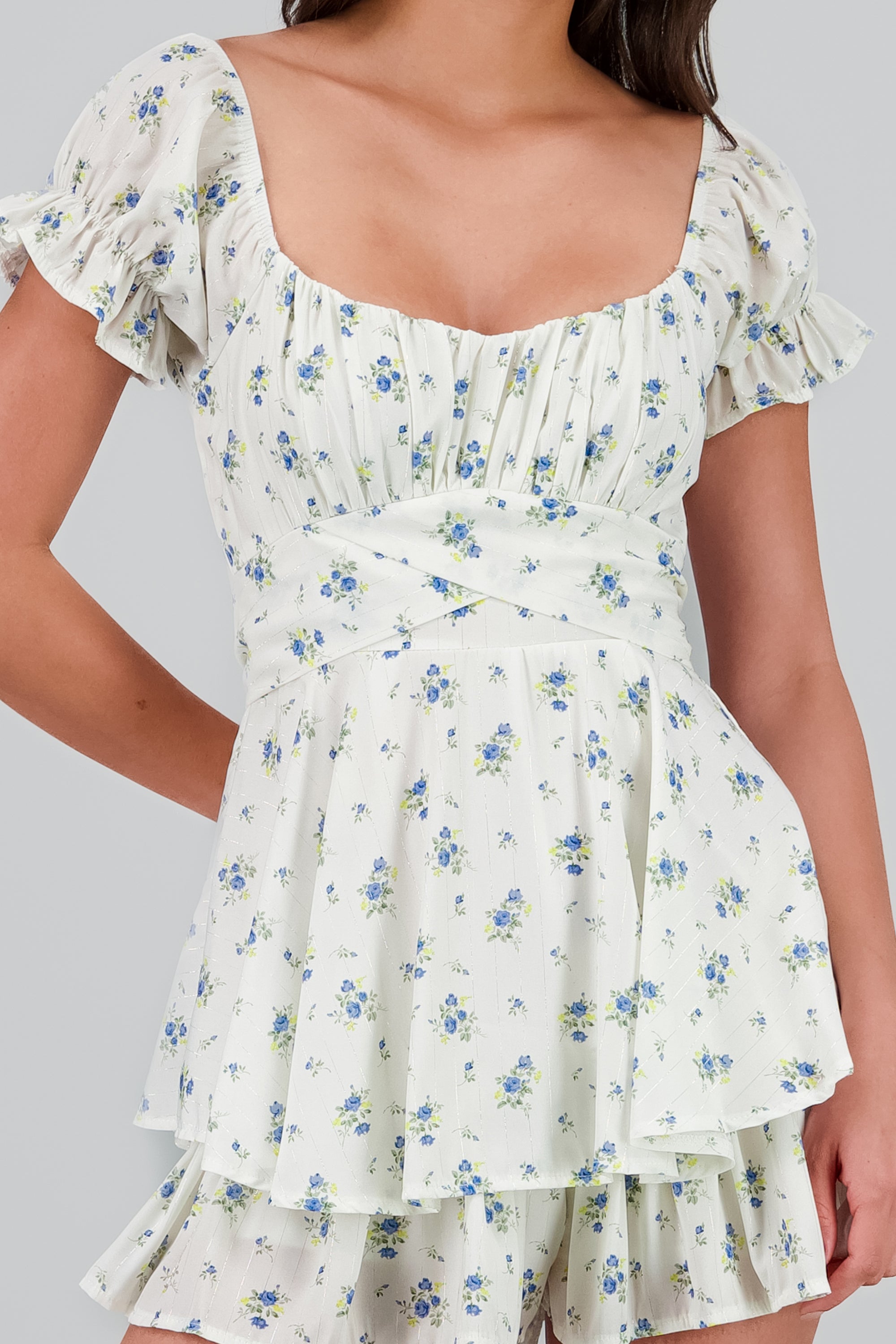 Romper olanes flores con rayas lurex AZUL COMBO