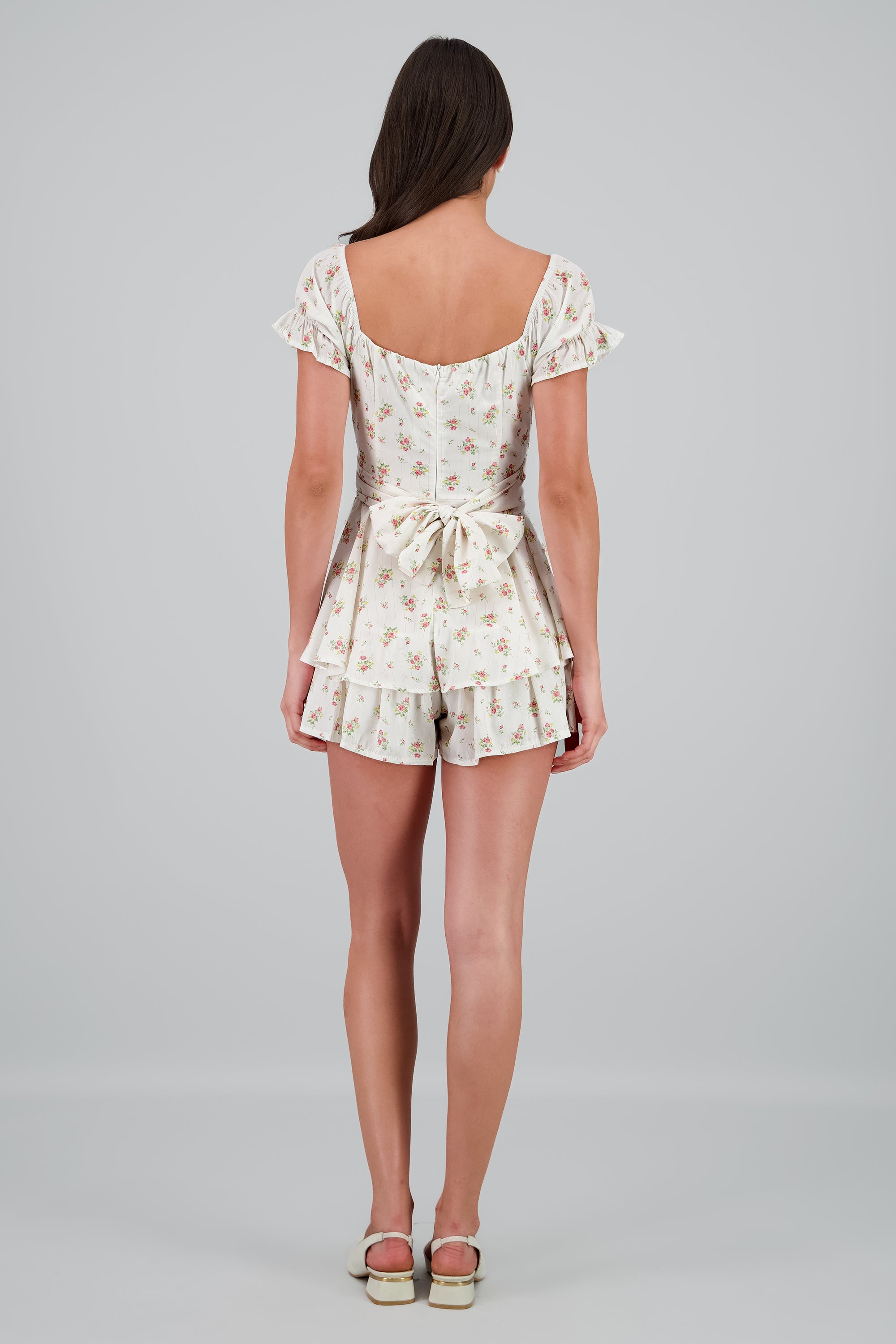 Romper olanes flores con rayas lurex ROSA COMBO