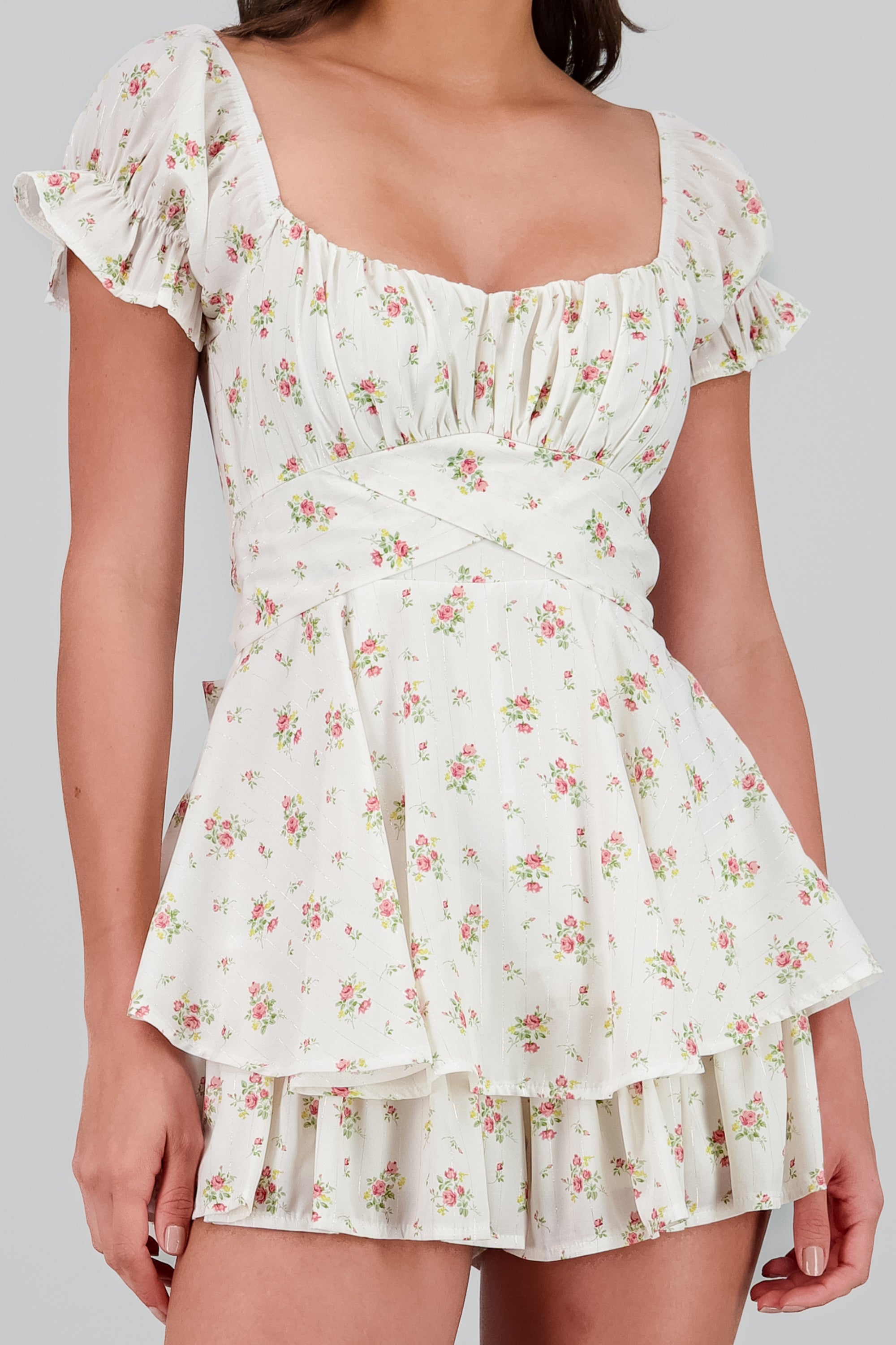 Romper olanes flores con rayas lurex ROSA COMBO