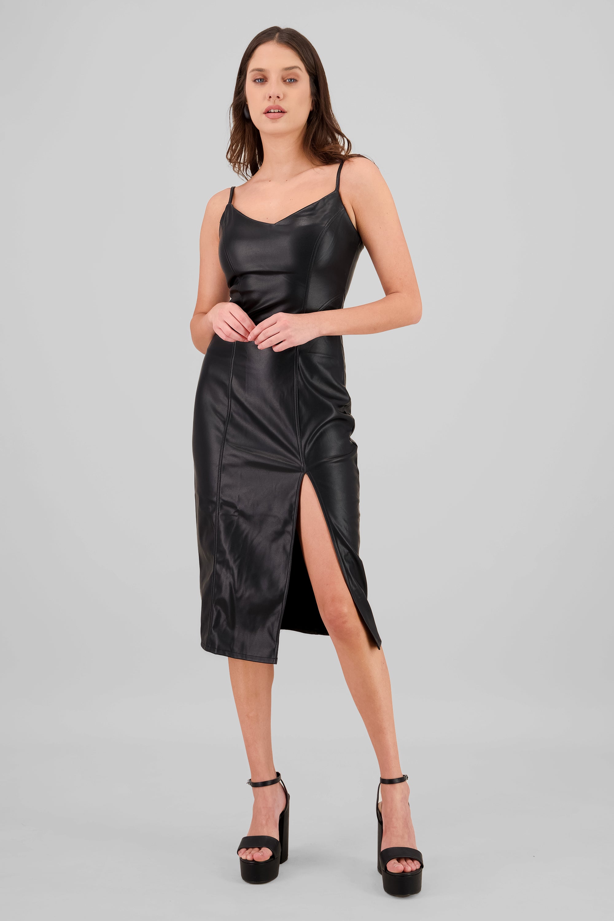 Vestido midi efecto piel NEGRO