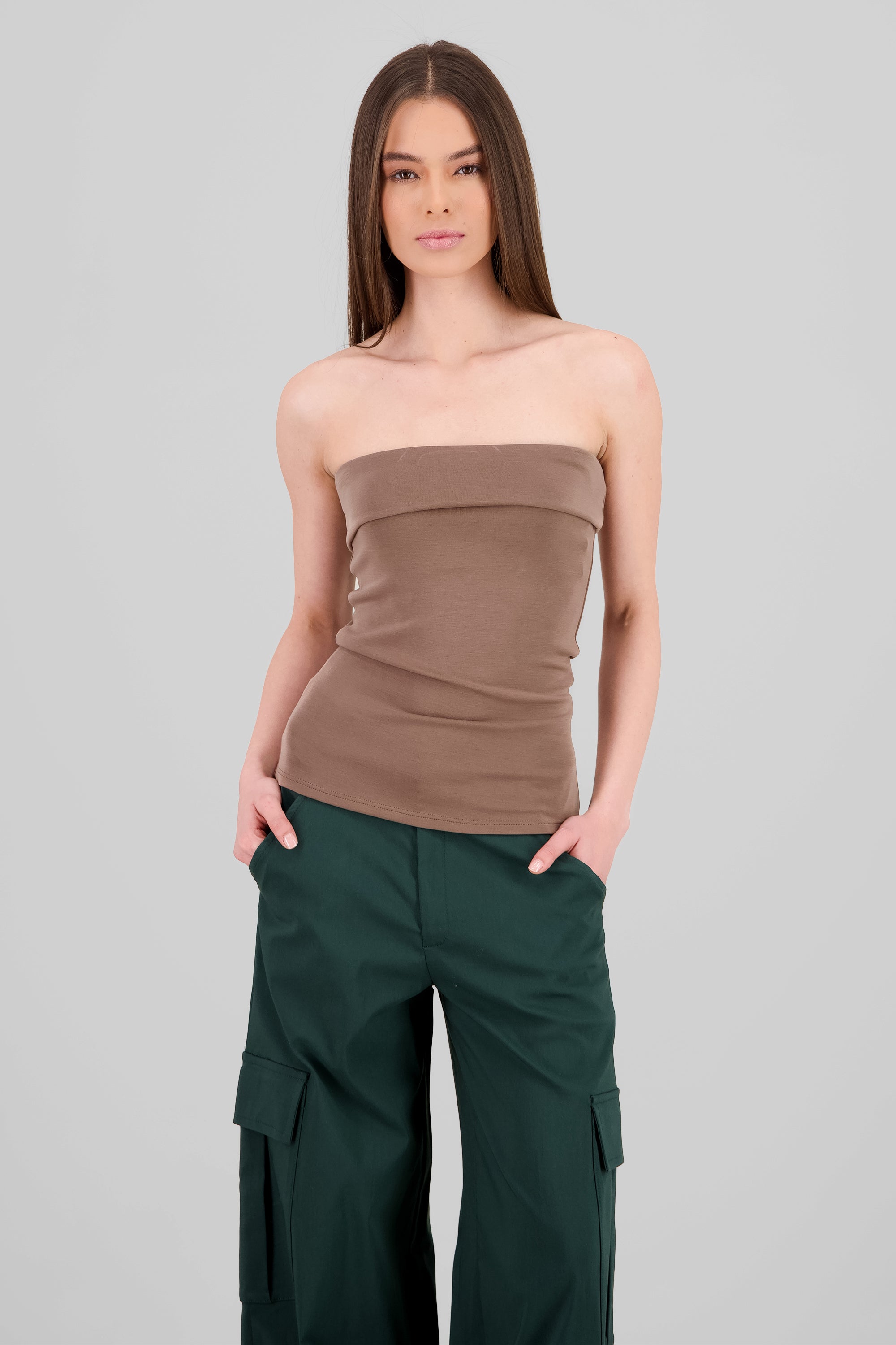 Top tubo strapless detalle dobles TAUPE
