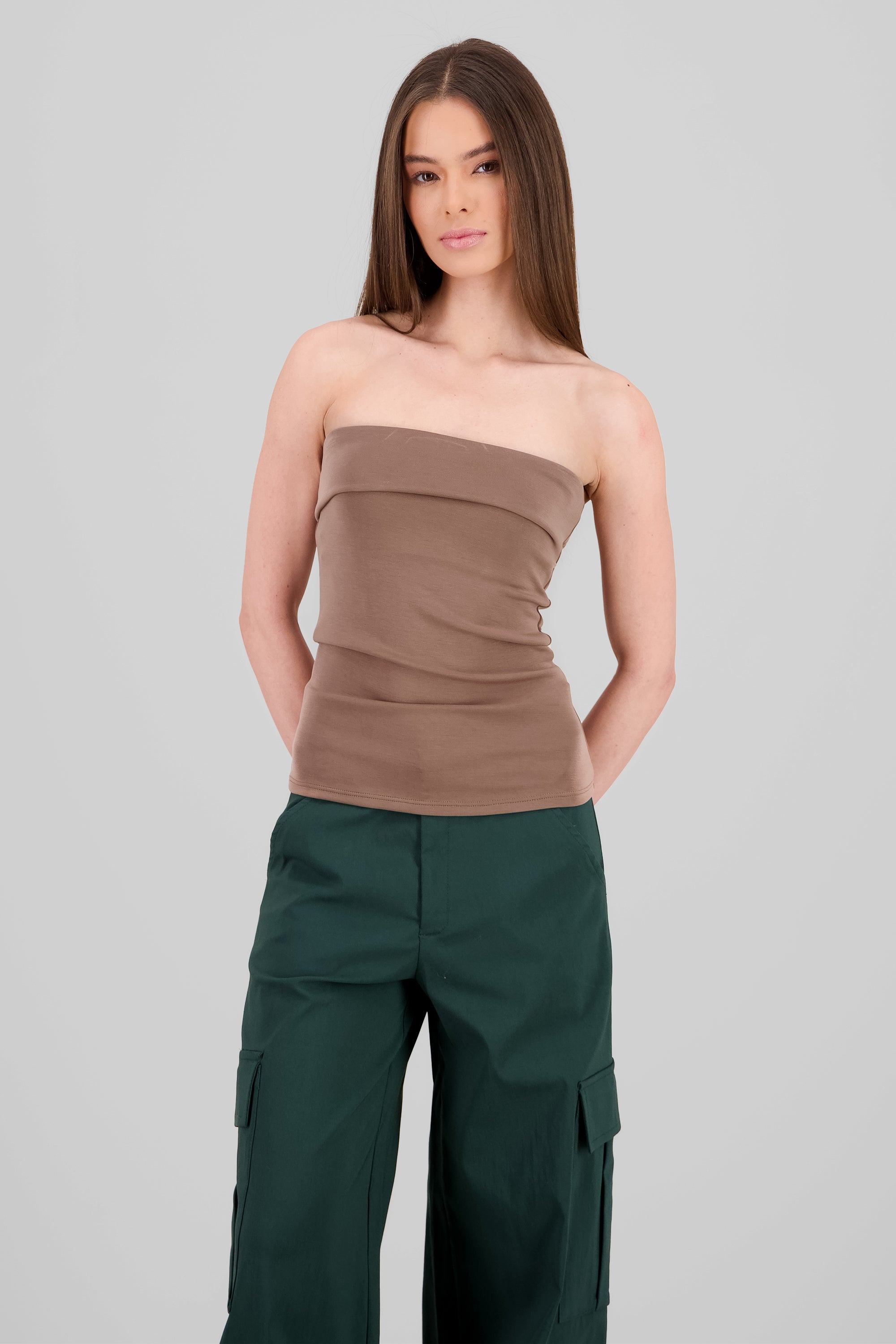 Top tubo strapless detalle dobles TAUPE