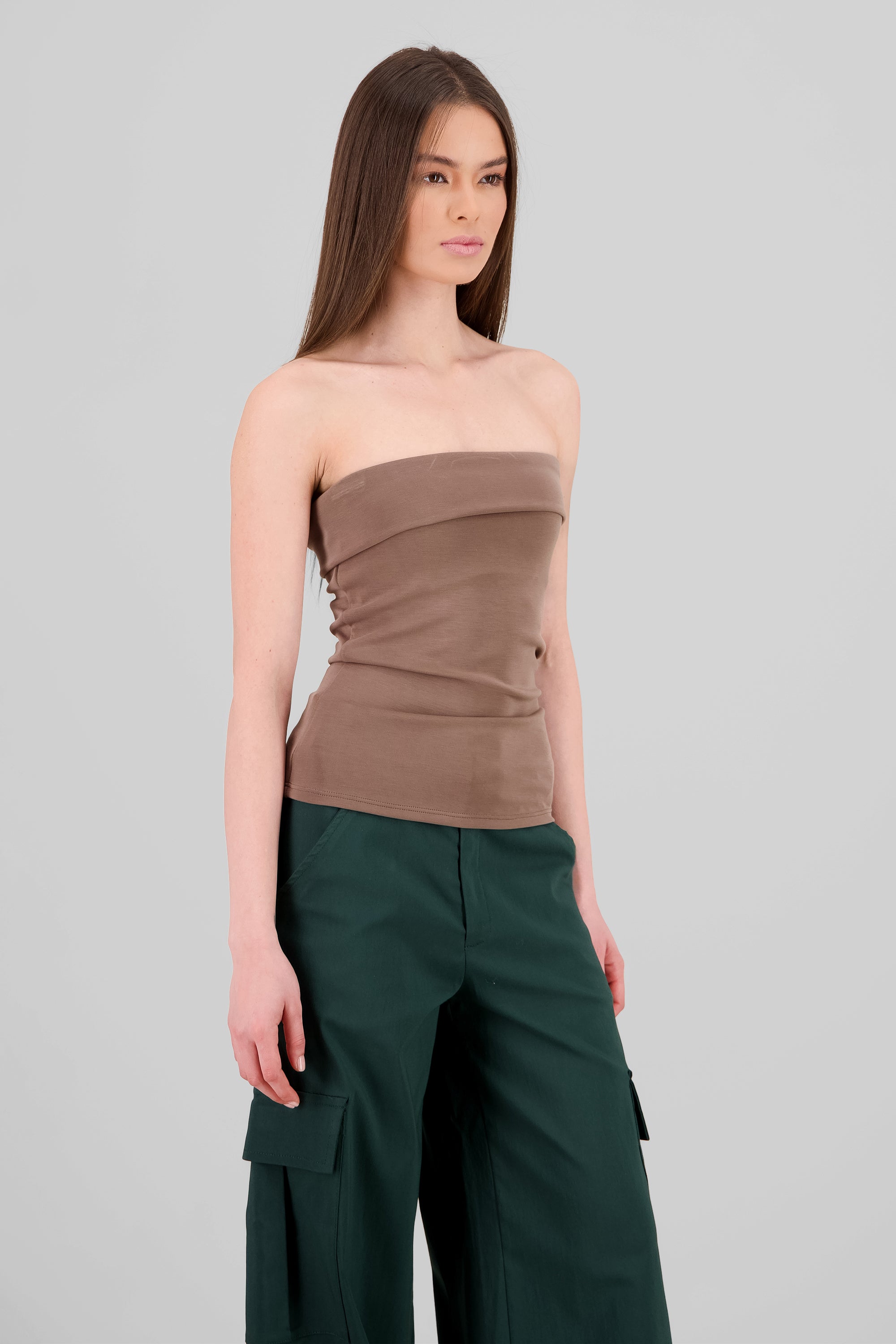 Top tubo strapless detalle dobles TAUPE