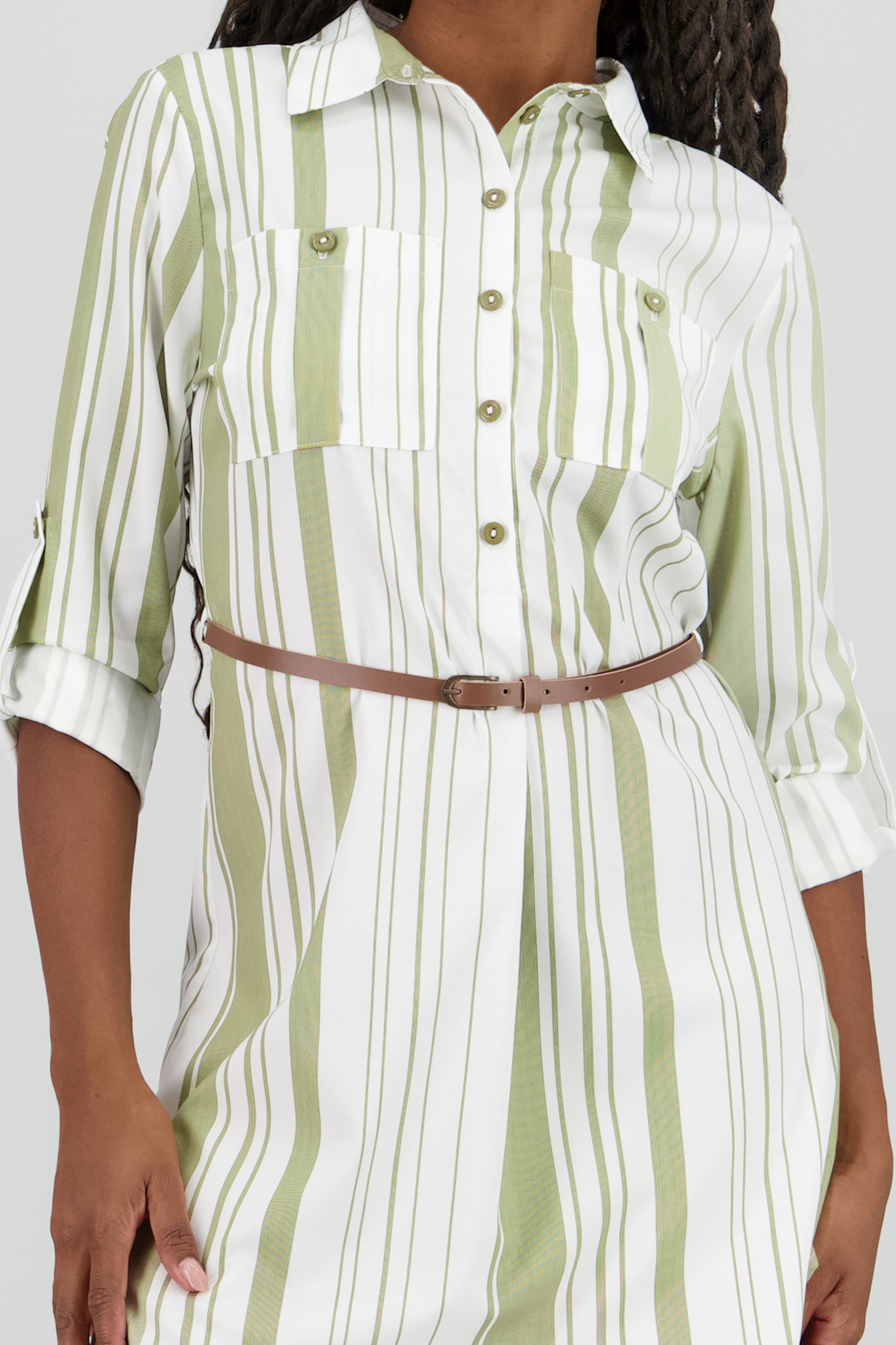 Vestido camisero bolsas cinturon VERDE COMBO