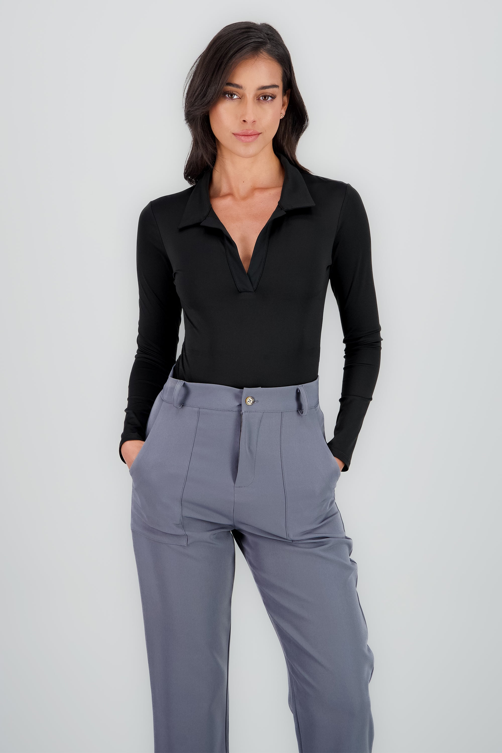 Body manga larga cuello polo NEGRO