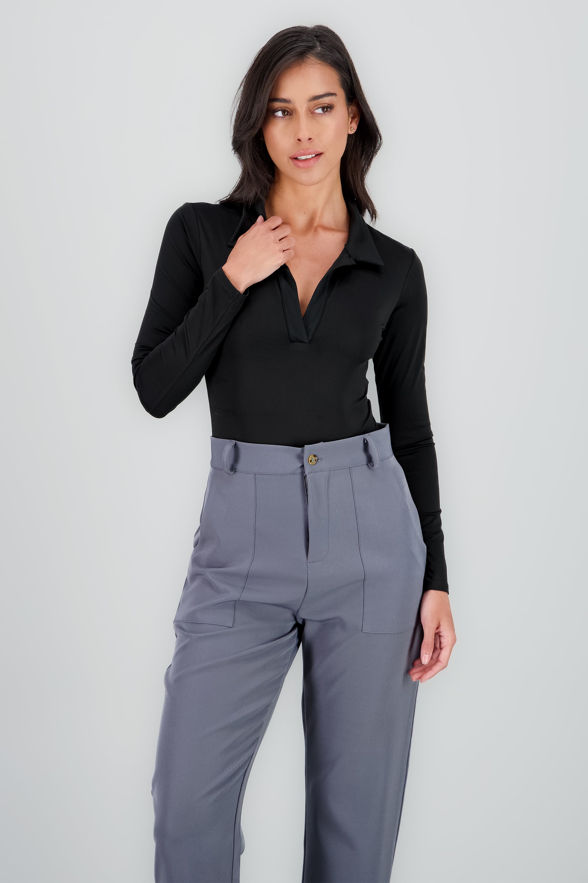 Body manga larga cuello polo NEGRO