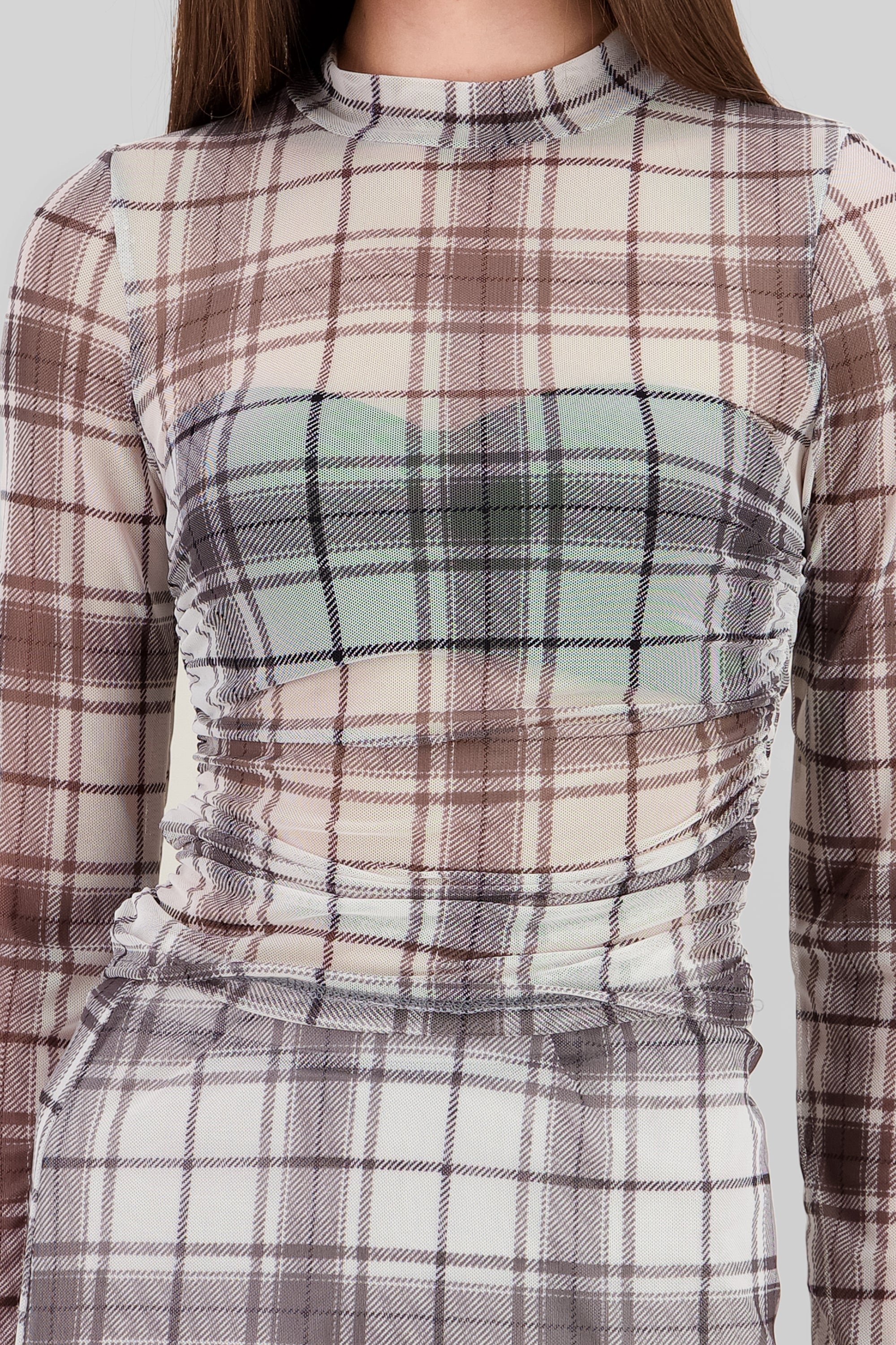 Top plisado mesh cuadros manga larga CREMA