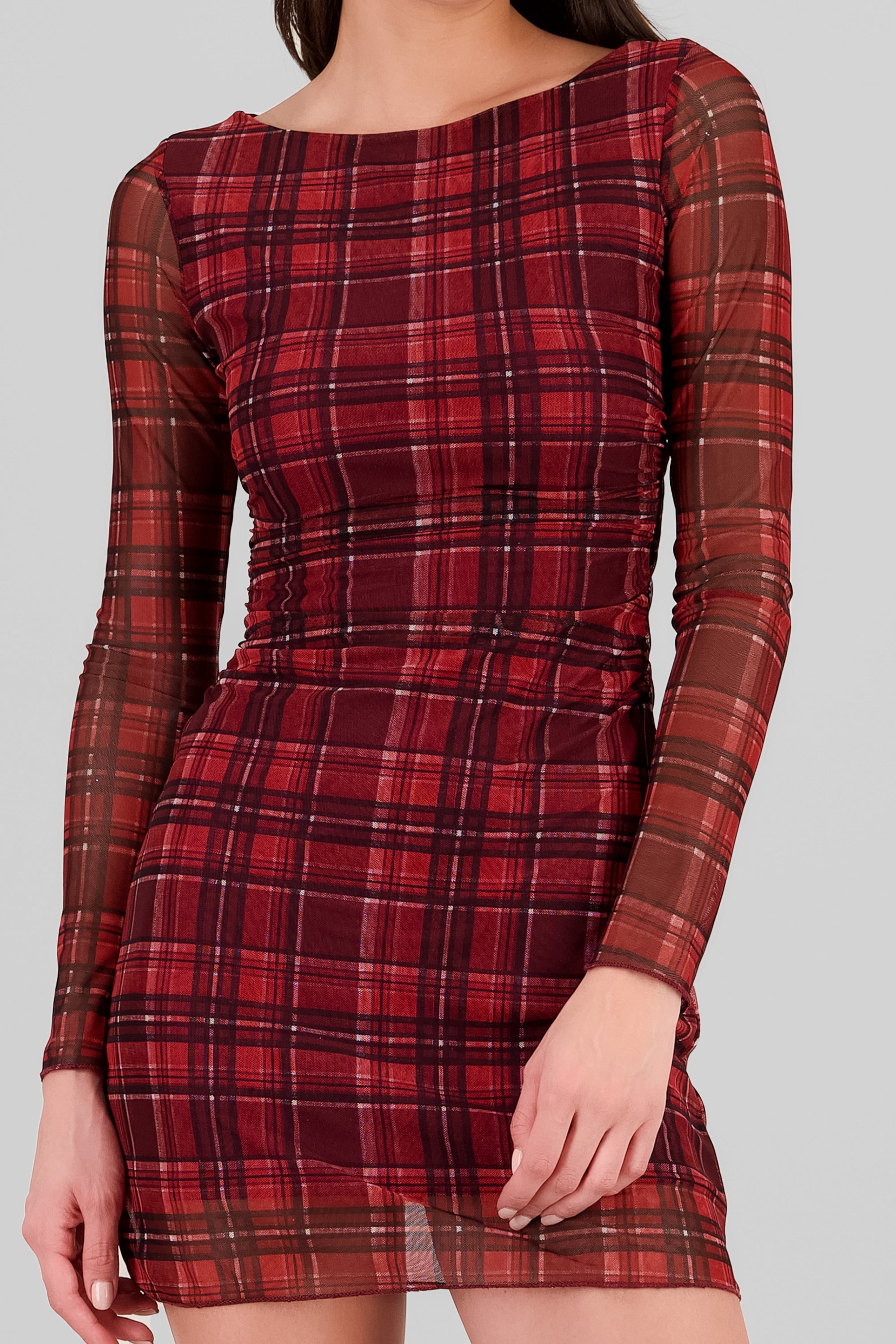 Vestido mini mesh cuadros VINO COMBO