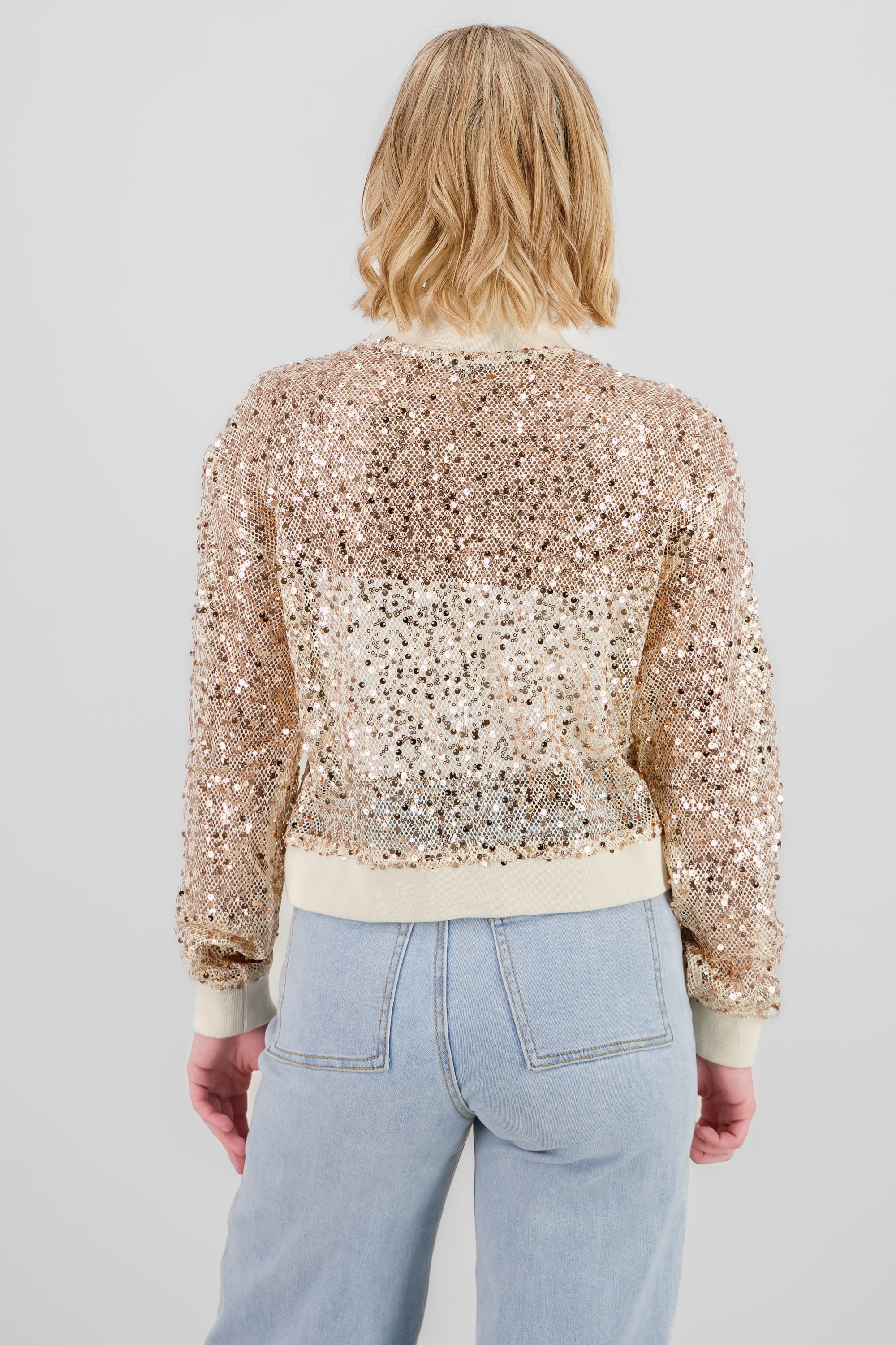 Chamarra bomber con lentejuela CREMA