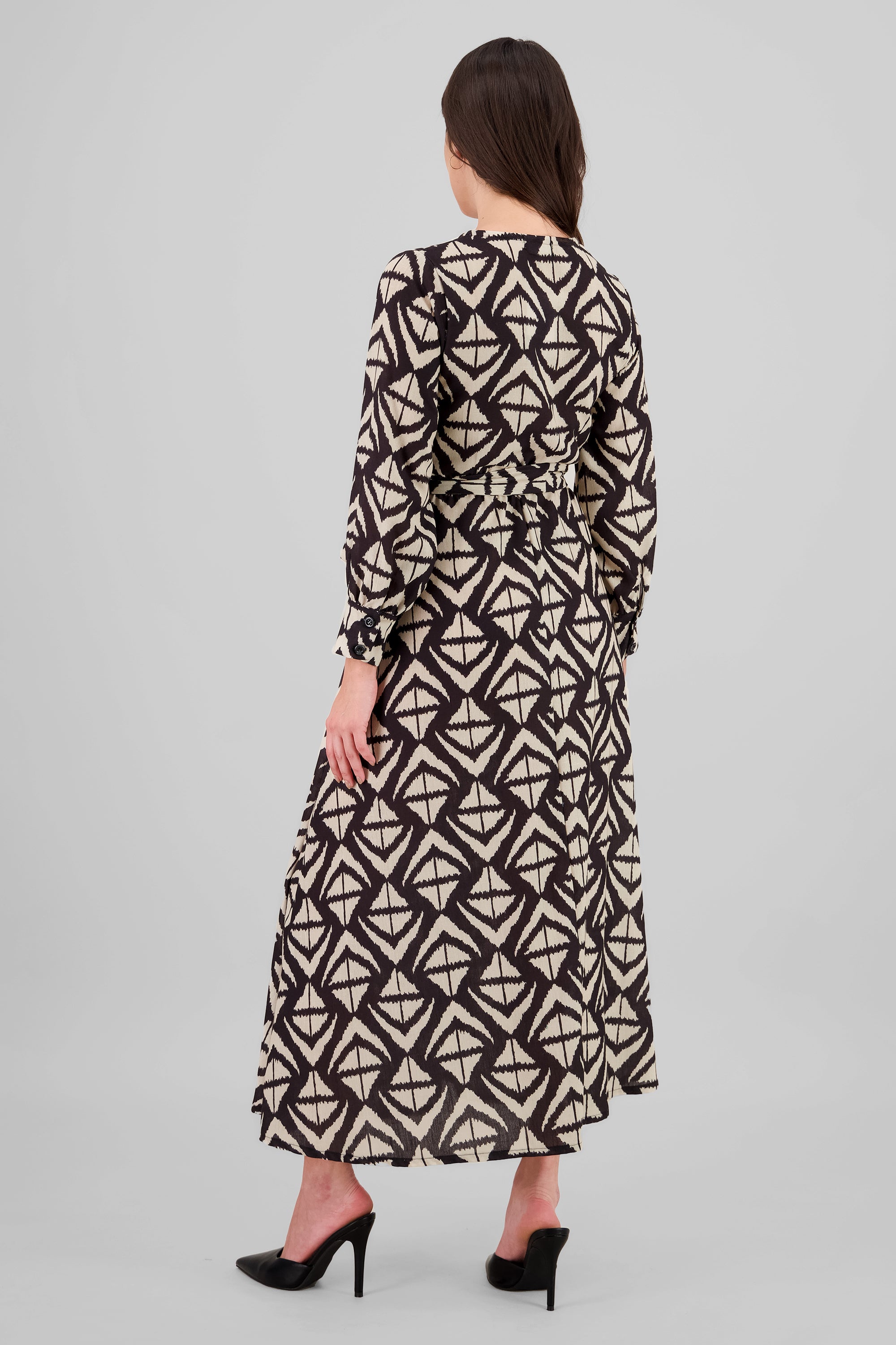 Vestido maxi manga larga estampado geometrico NEGRO COMBO